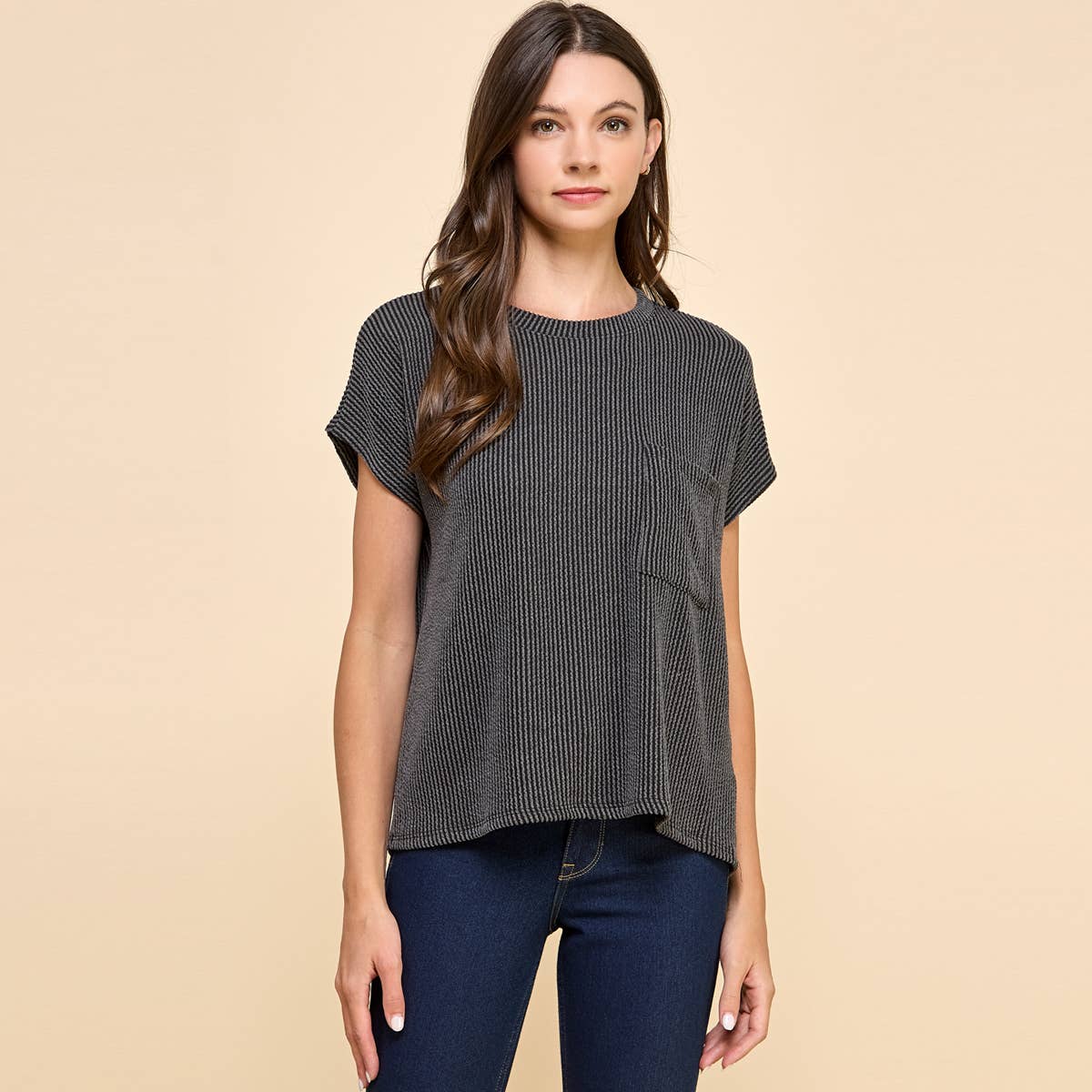 Ribbed Knit Top with Front Pocket