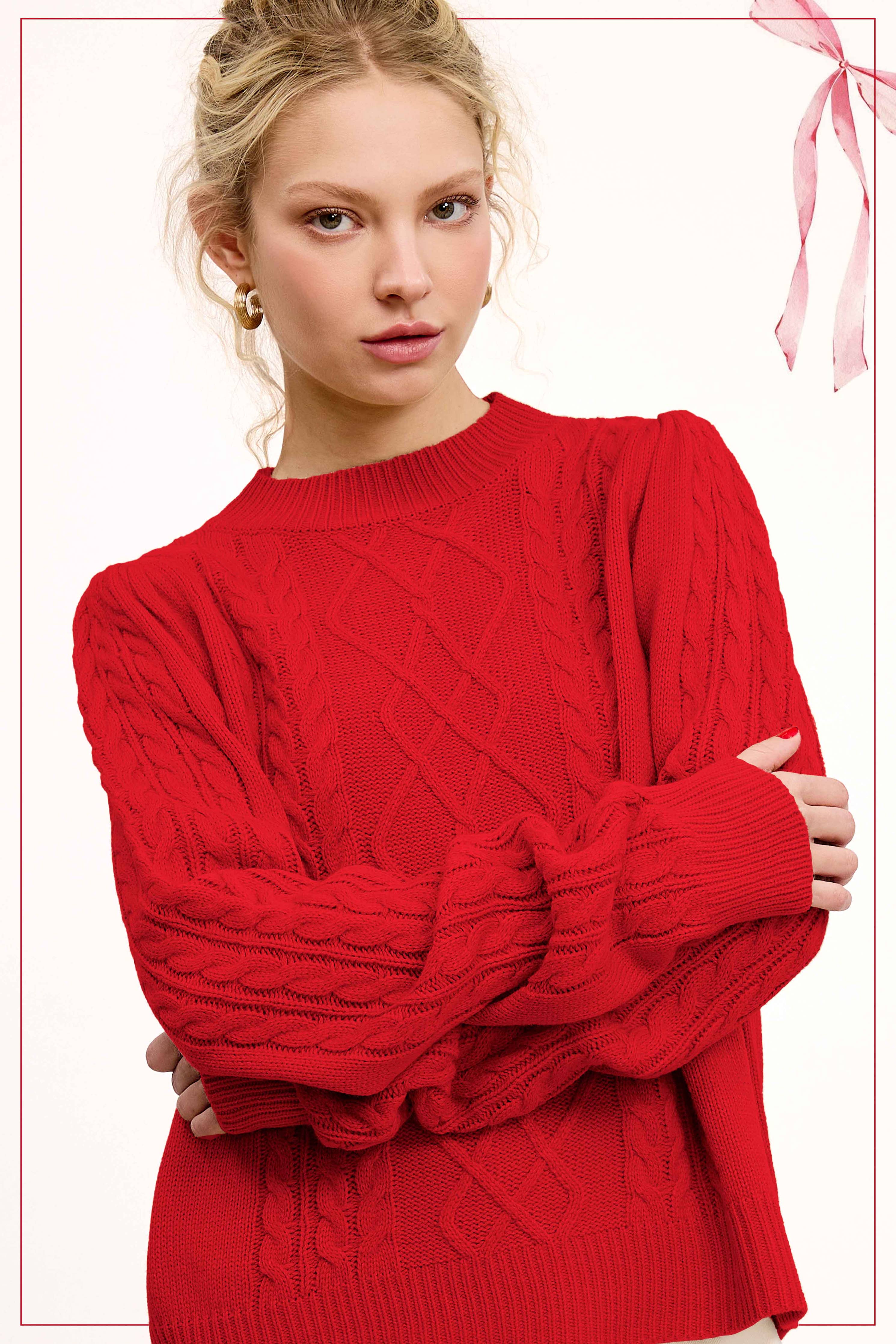 Super Soft Ribbed Crew Neck Cable Knit Sweater
