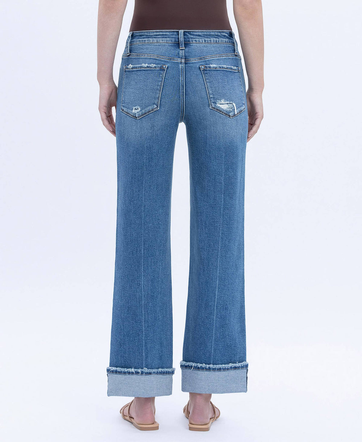 Mid Rise Cuffed Slim Wide Leg Jeans