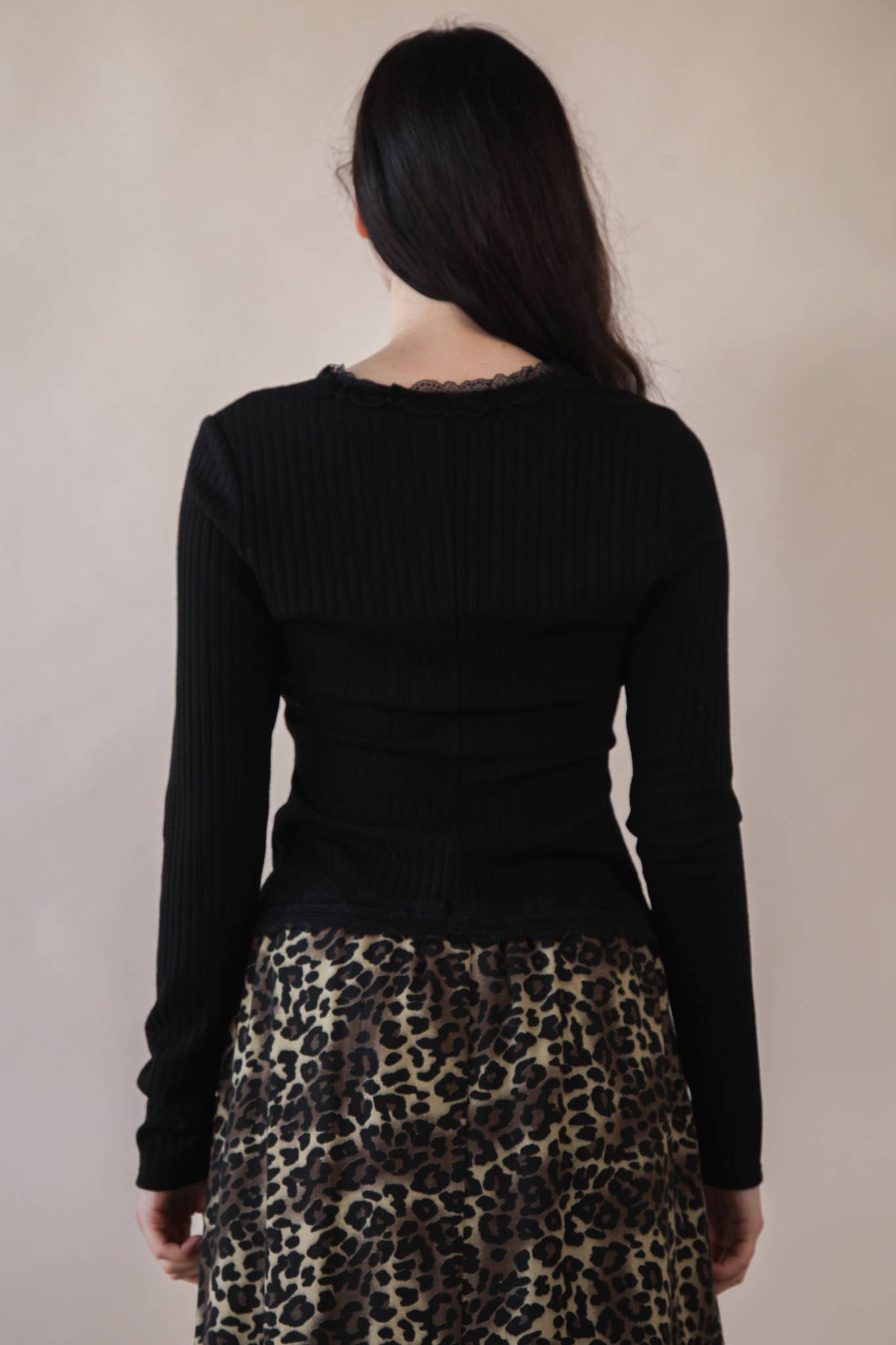 Button Down Lace Trim Fitted Knit Top