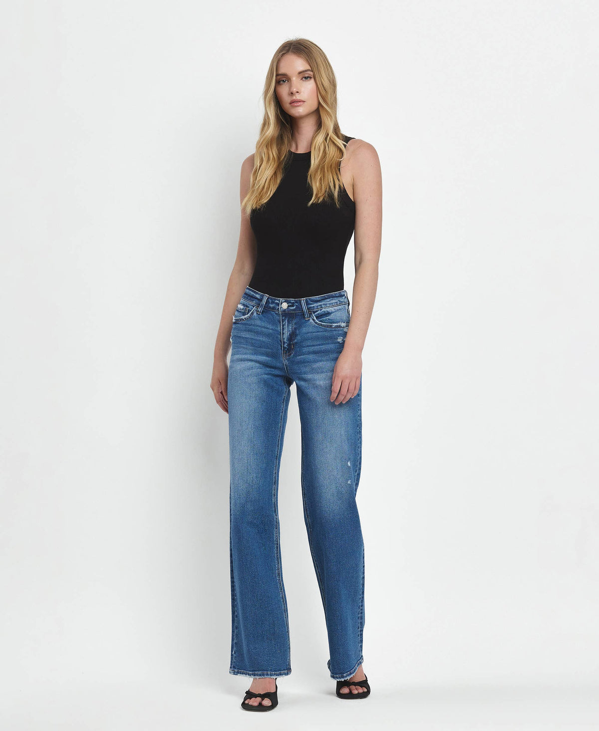 Mid Rise Full Length Wide Leg Stretch Jeans