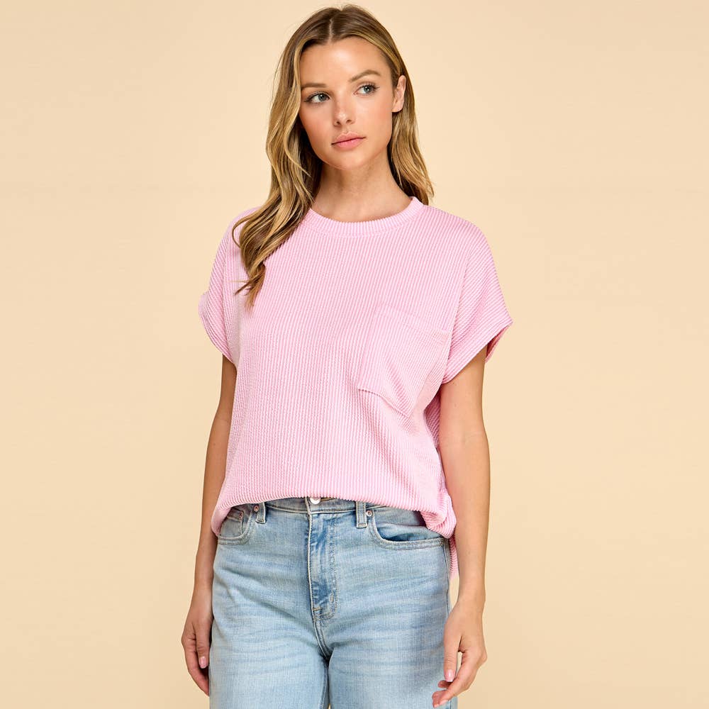 Ribbed Knit Top with Front Pocket