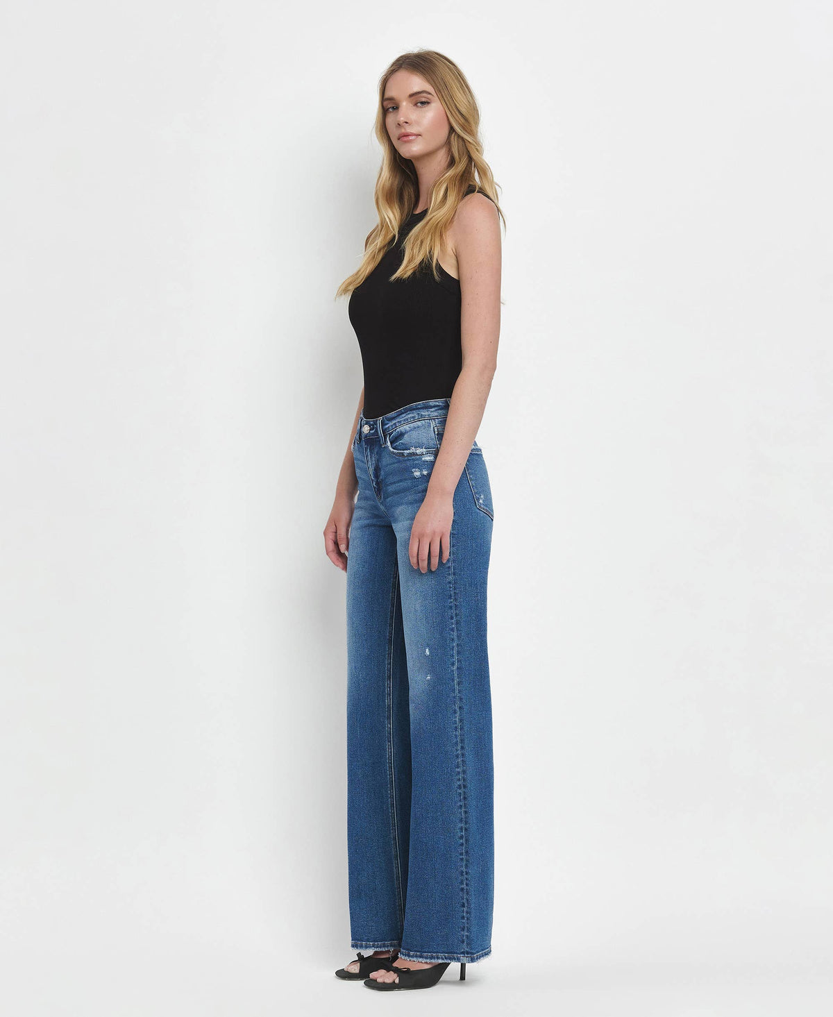 Mid Rise Full Length Wide Leg Stretch Jeans
