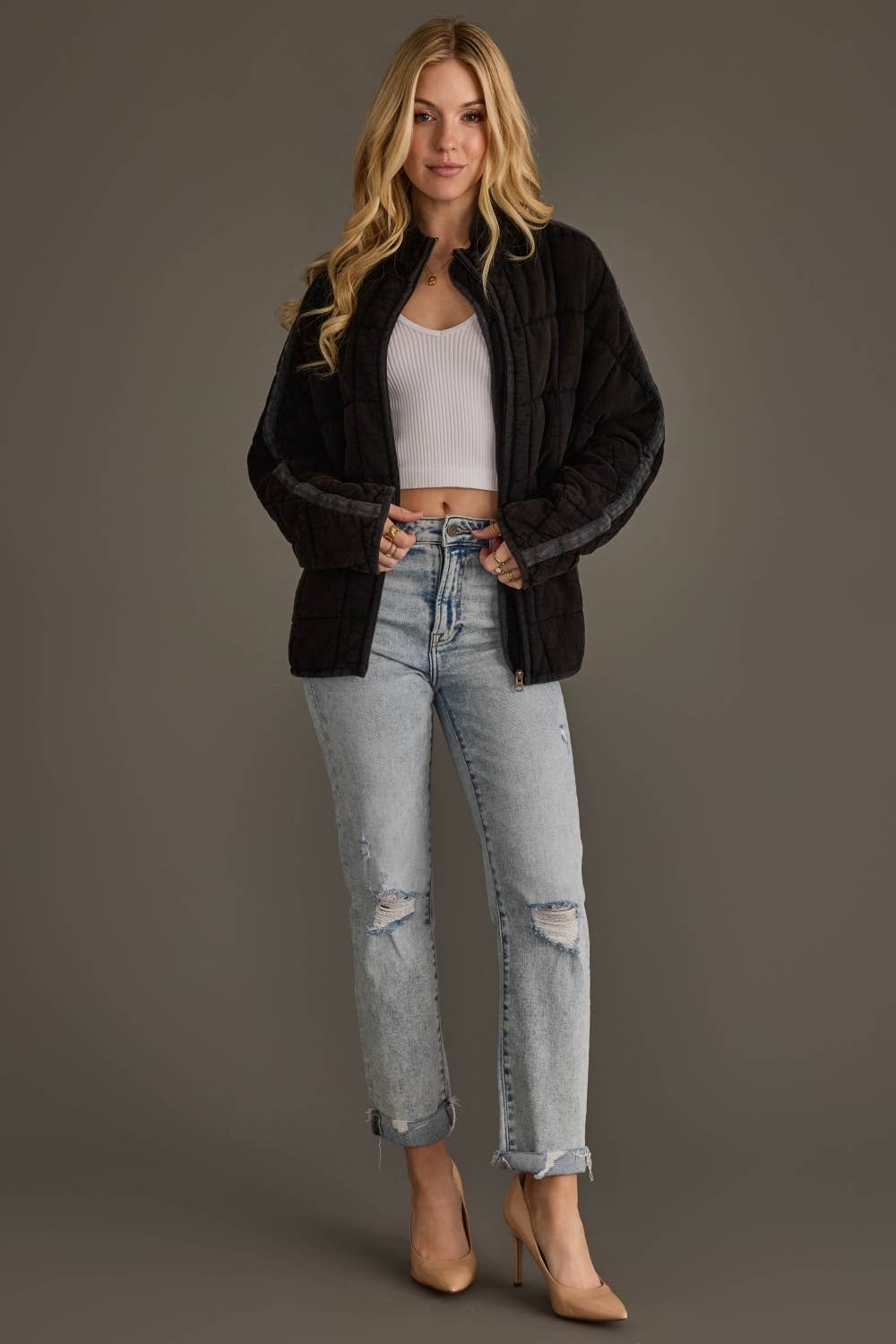 Washed Quilted Zip Front Jacket