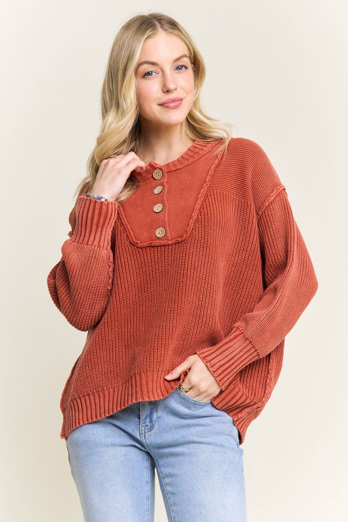 Raw Edge Button Henley Sweater