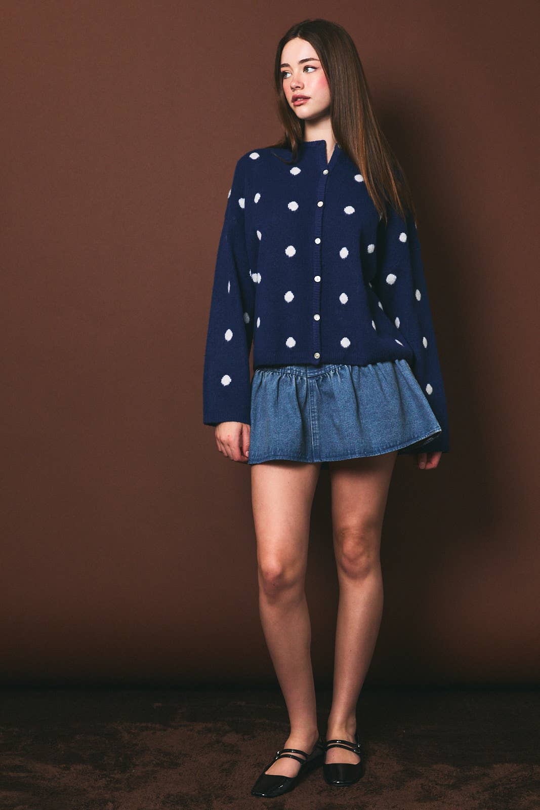 Polka Dot Button Front Cardigan Sweater