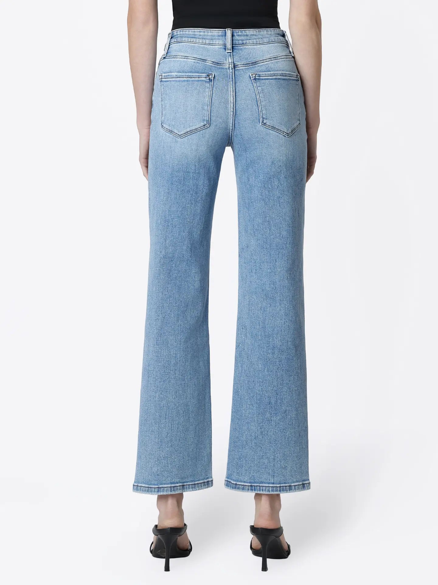 High Rise Distressed Hem Slim Wide Leg Jeans