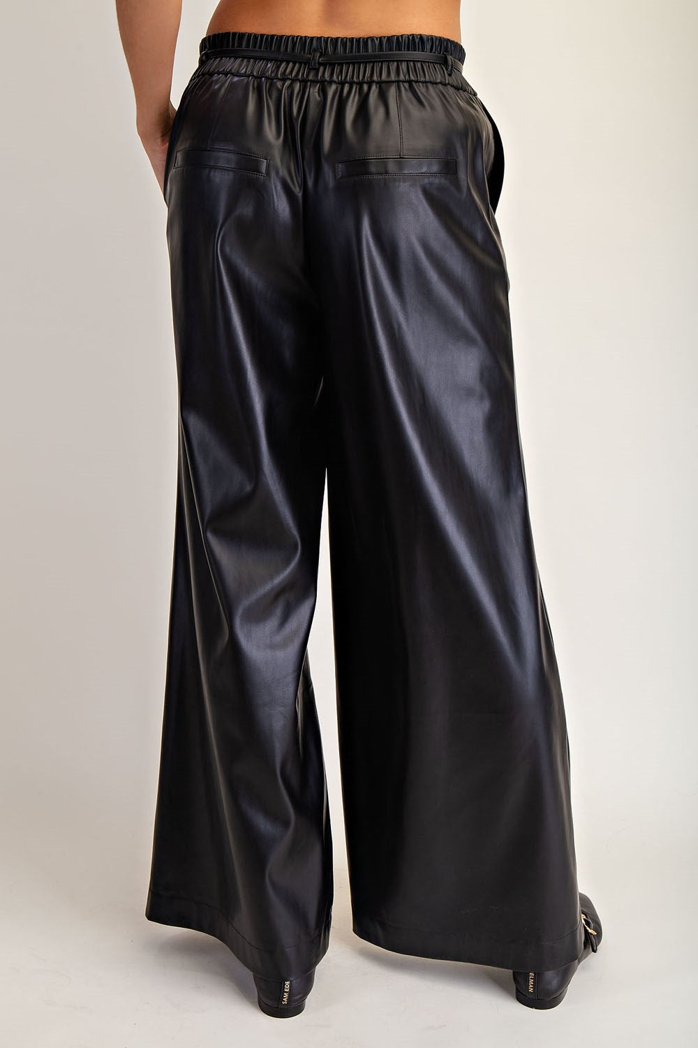 Faux Leather Tie Waist Wide Leg Pants