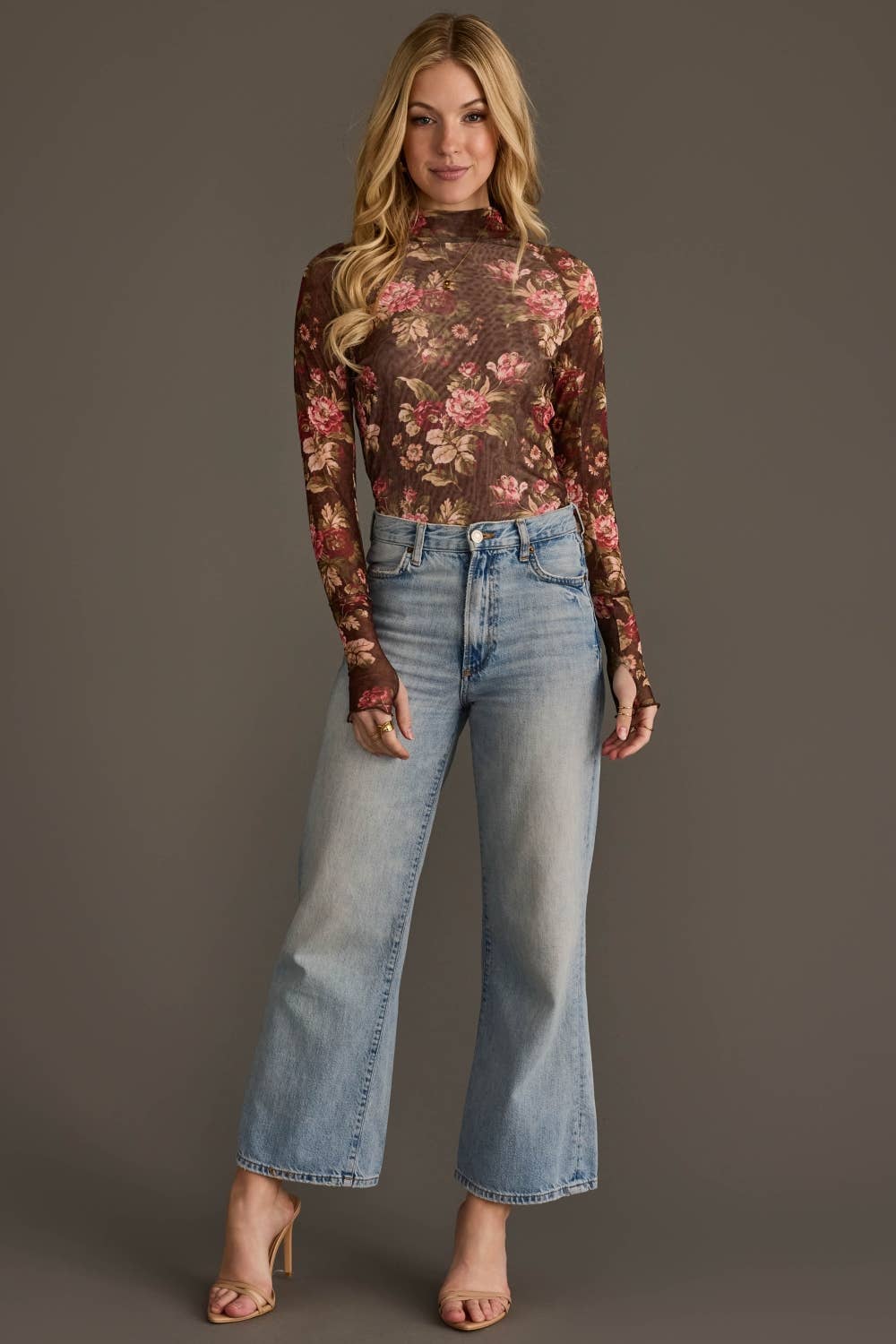 Floral Mesh Mock Neck Top