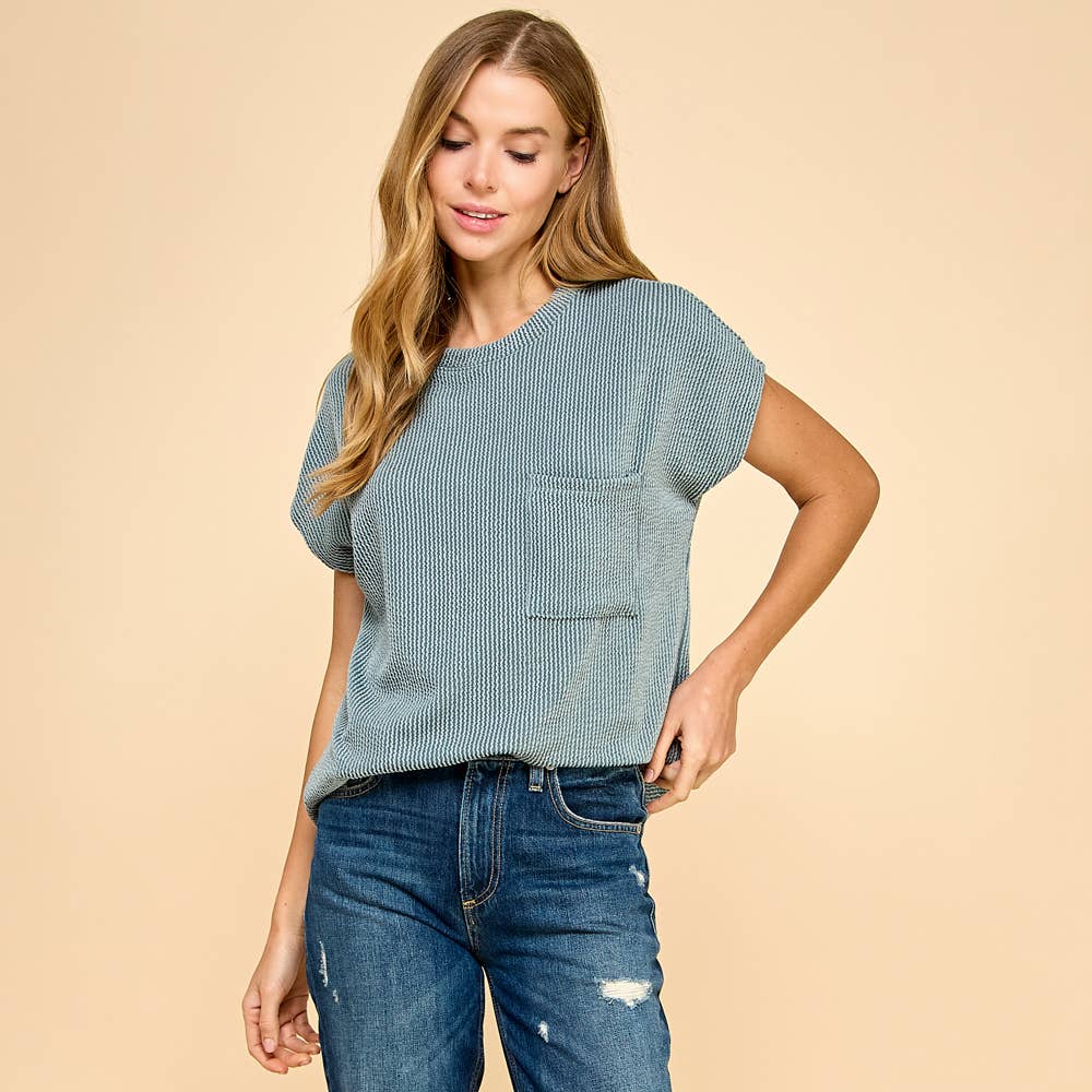 Ribbed Knit Top with Front Pocket