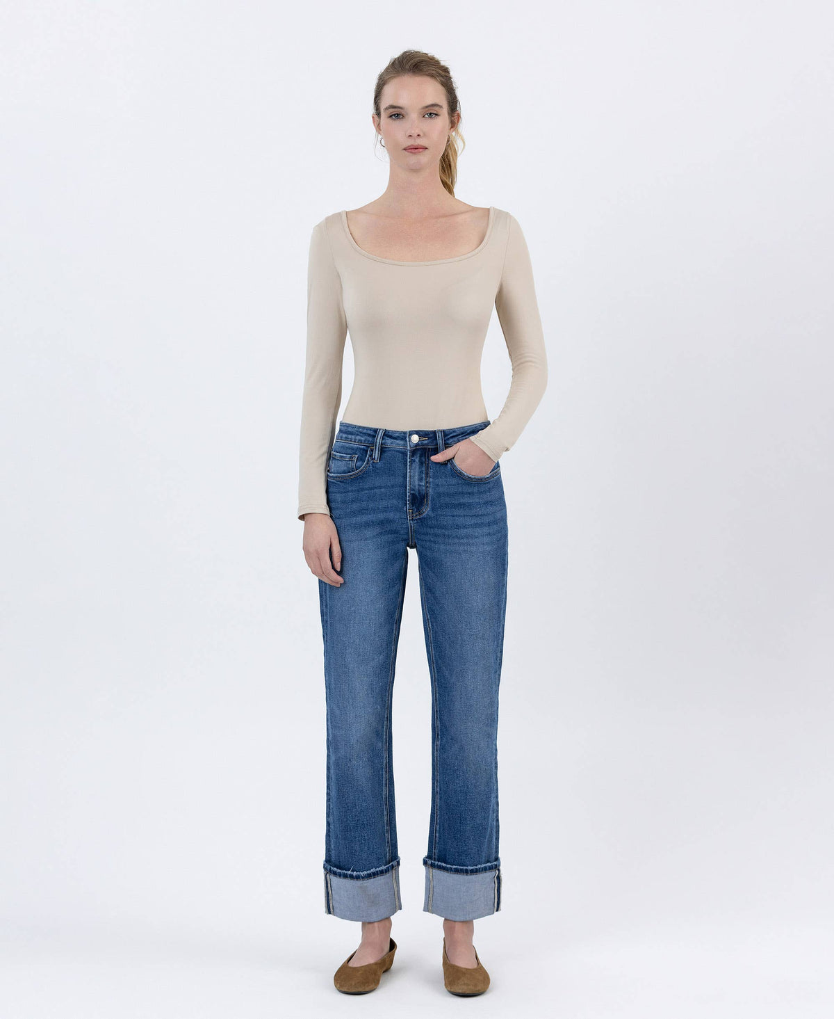 High Rise Cuffed Ankle Straight Jeans