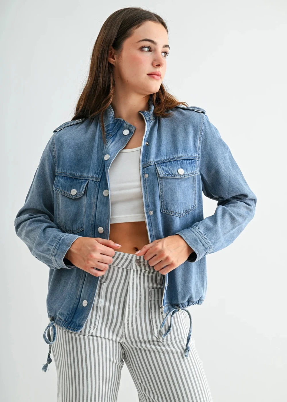 Drawstring Hem Utility Denim Jacket