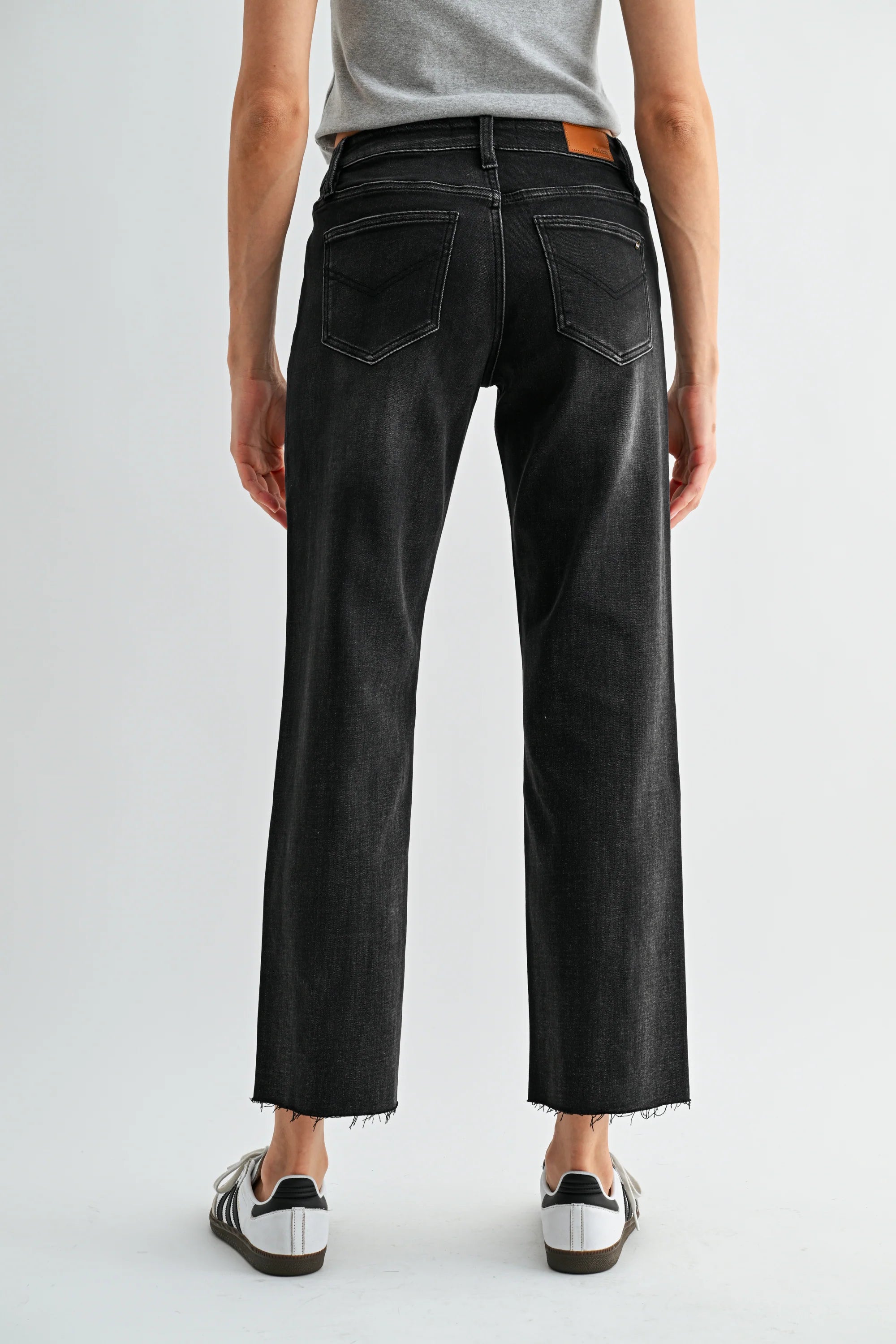 Mica Mid-Rise Straight Leg Ankle Raw Hem Black Jeans