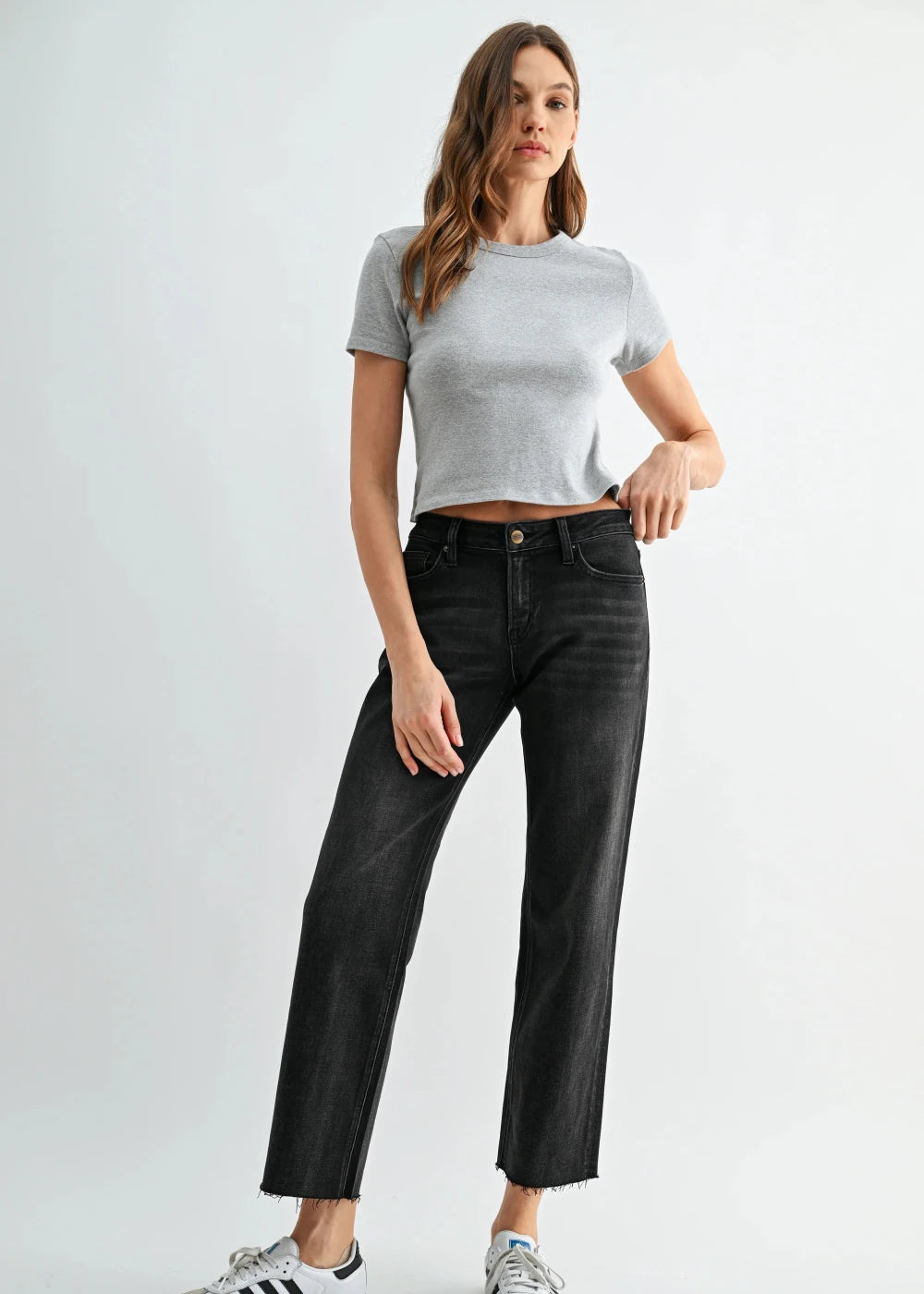 Mica Mid-Rise Straight Leg Ankle Raw Hem Black Jeans