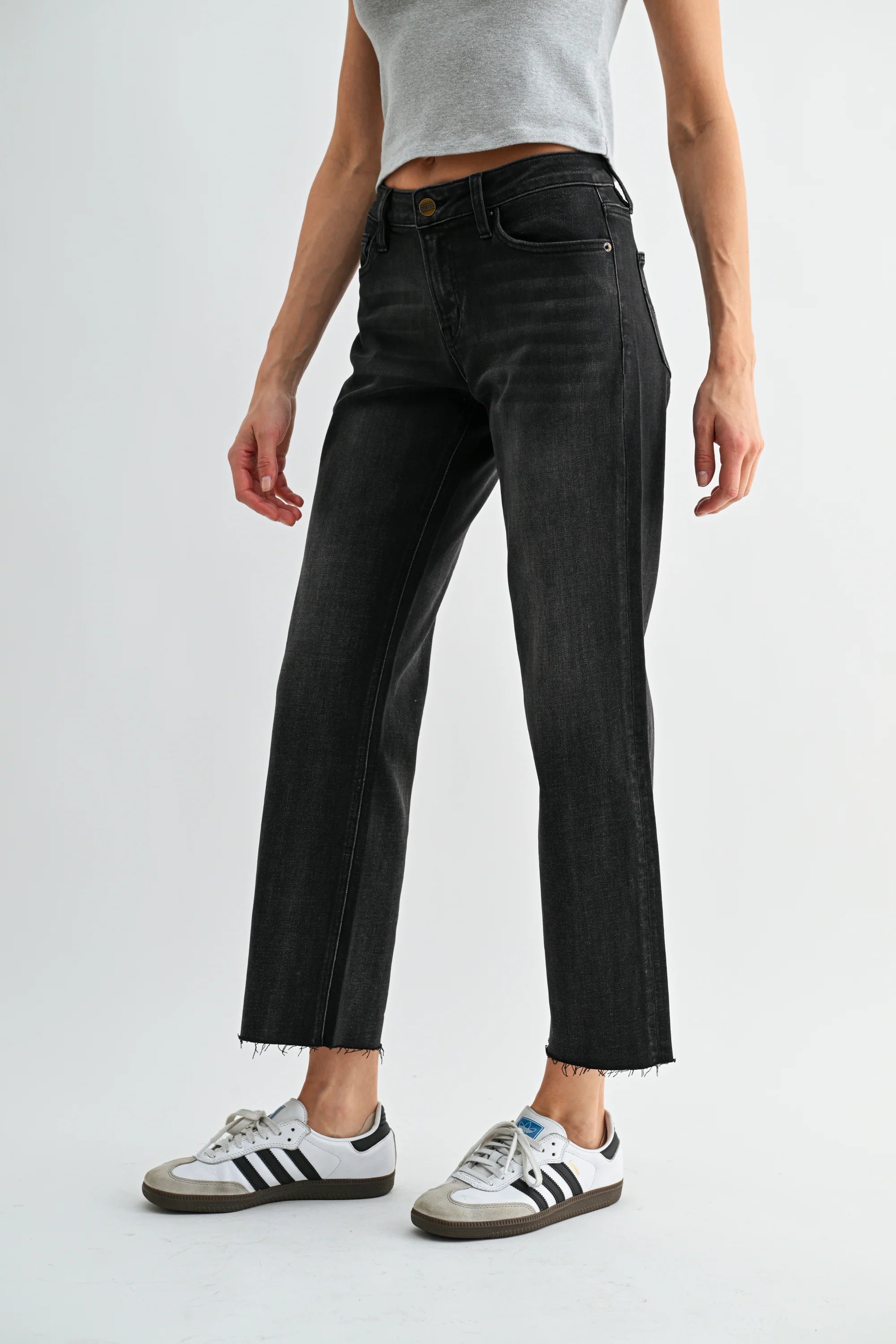 Mica Mid-Rise Straight Leg Ankle Raw Hem Black Jeans