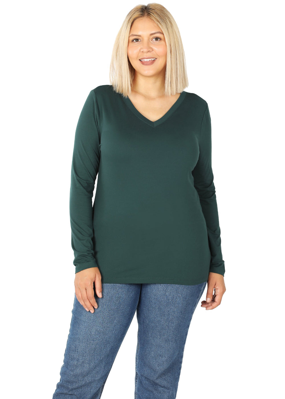 Brushed Microfiber V-Neck Long Sleeve Tee- Curvy