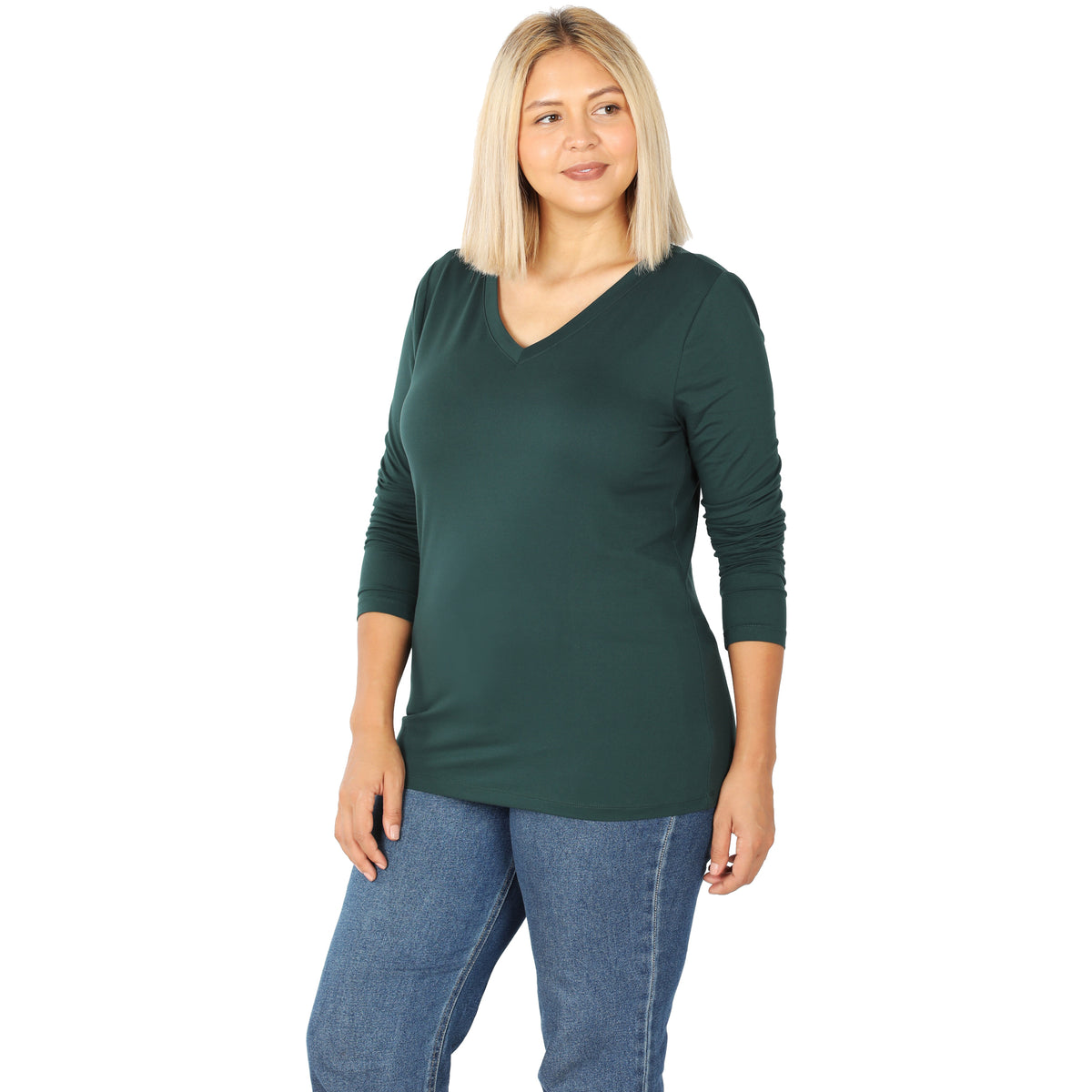 Brushed Microfiber V-Neck Long Sleeve Tee- Curvy