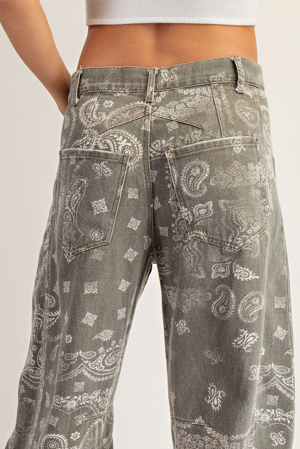 Mineral Washed Paisley Printed Barrel Jeans