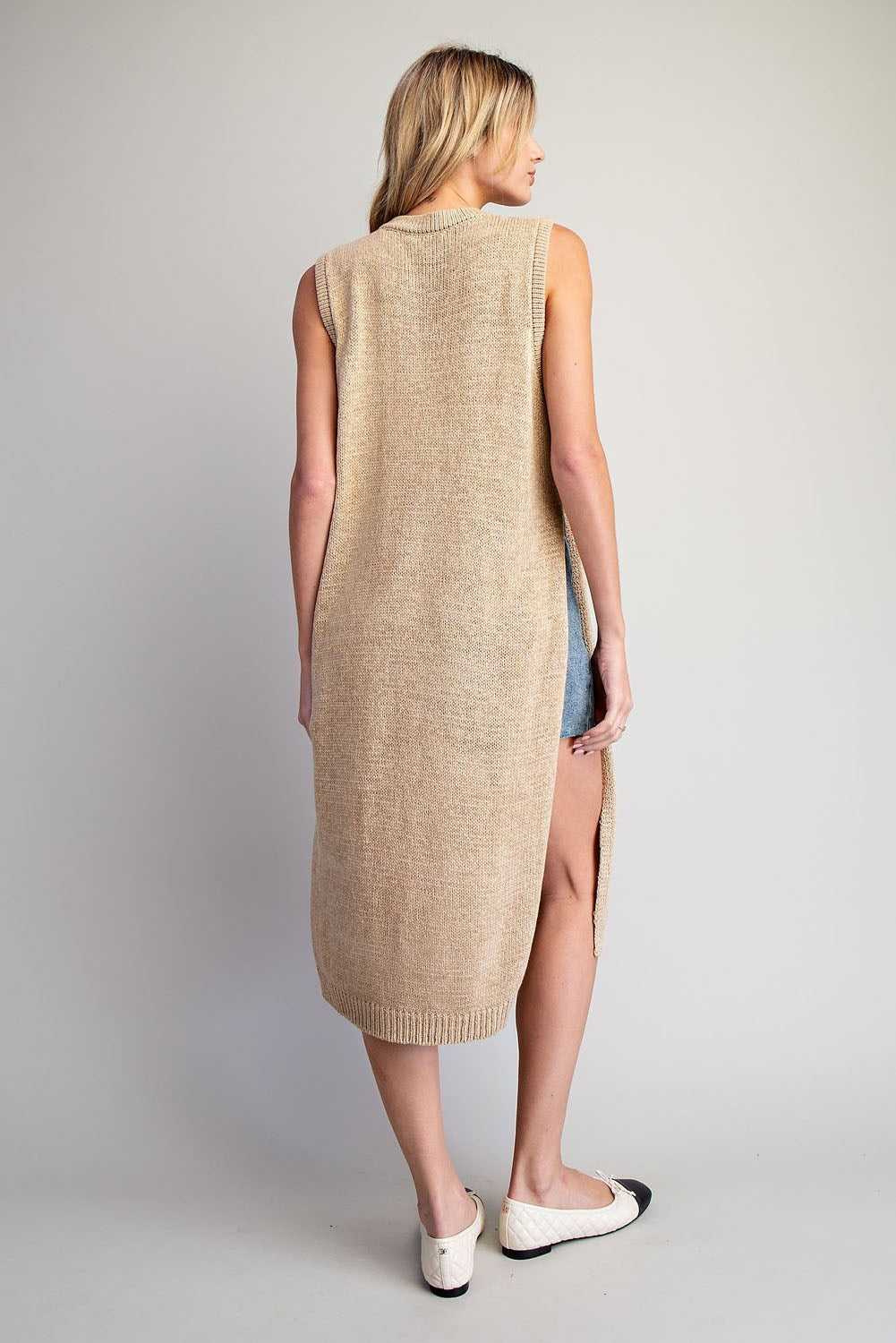 Side Button Sleeveless Open Longline Sweater