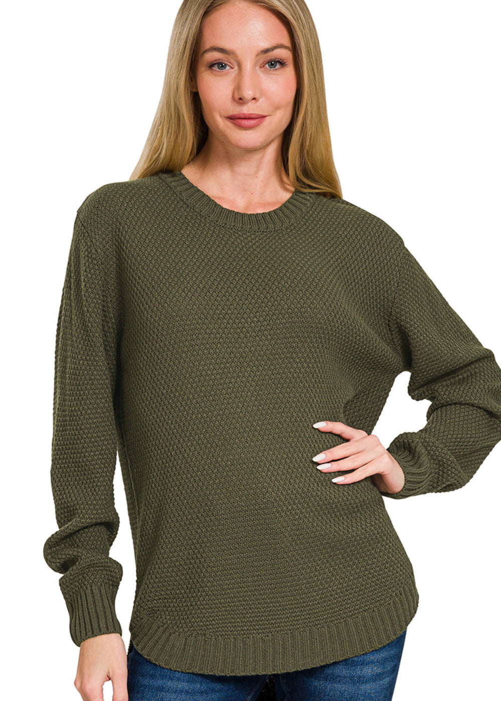 Waffle Texture Round Neck Sweater