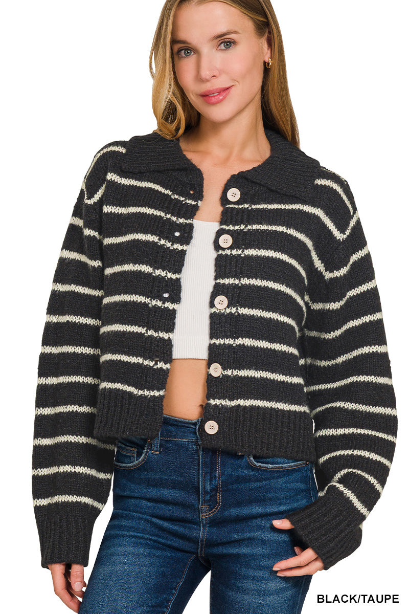 Striped Collared Button Front Cardigan