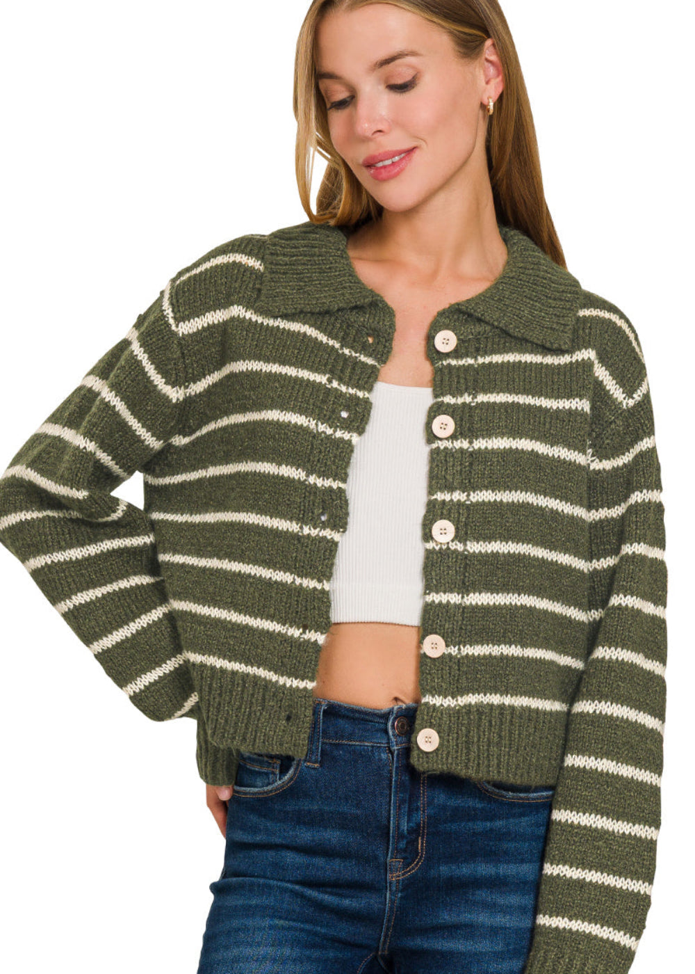 Striped Collared Button Front Cardigan