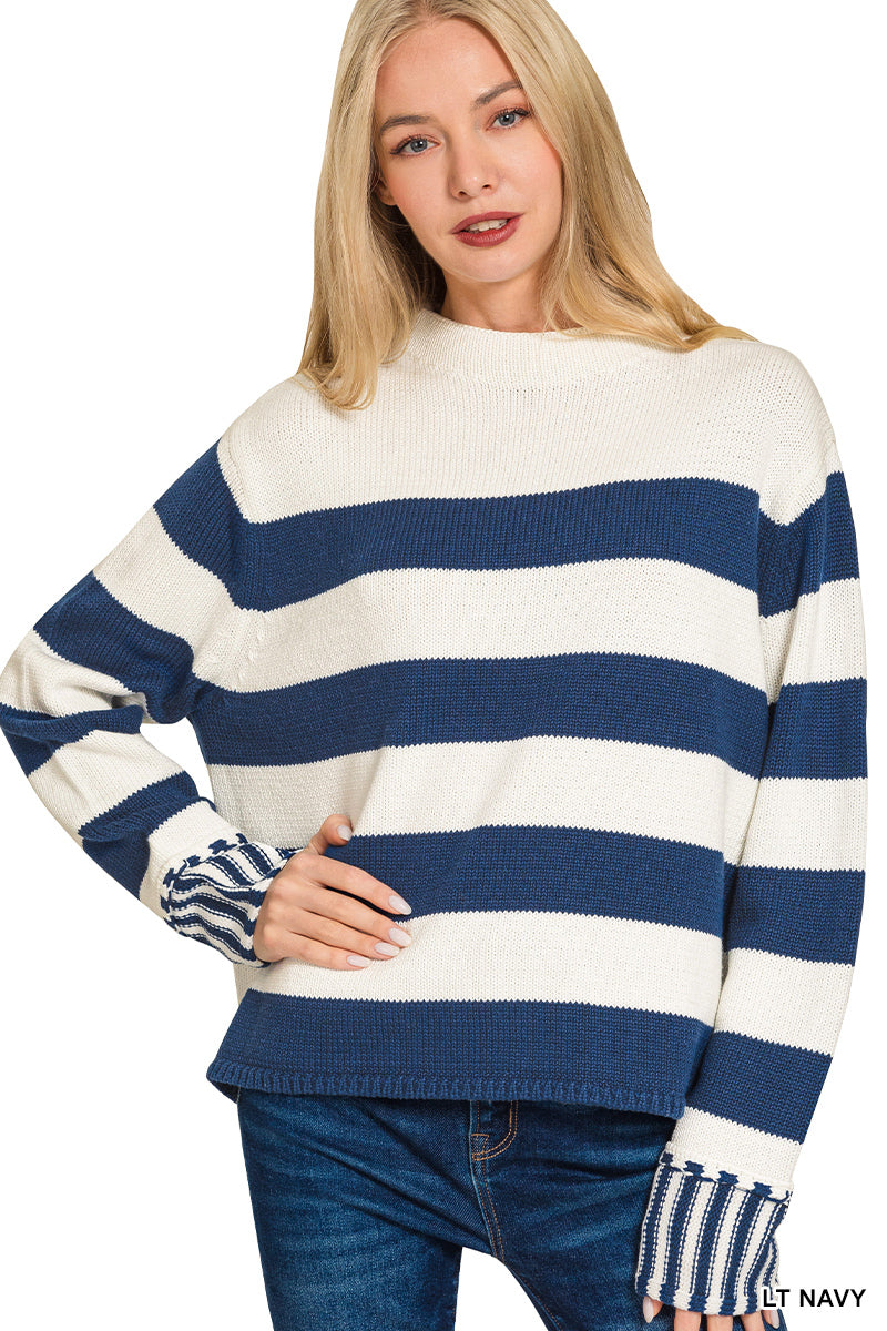 Striped Mock Neck Cotton Sweater