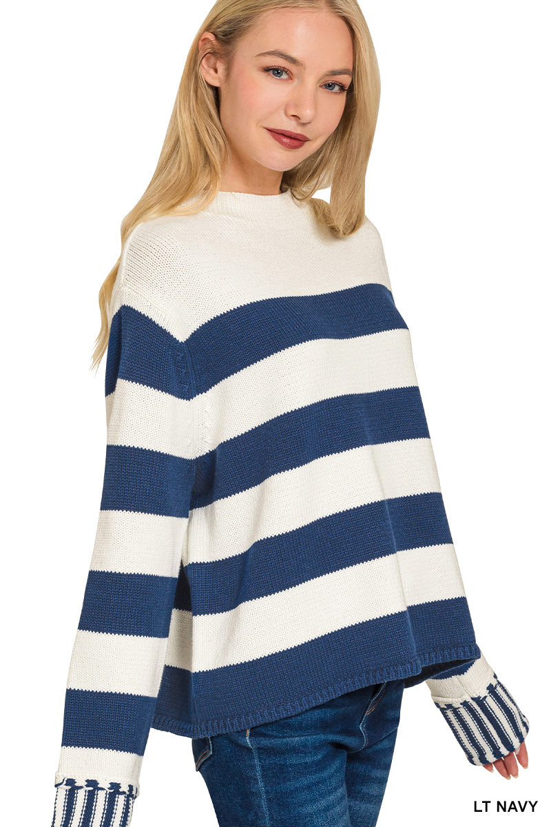 Striped Mock Neck Cotton Sweater