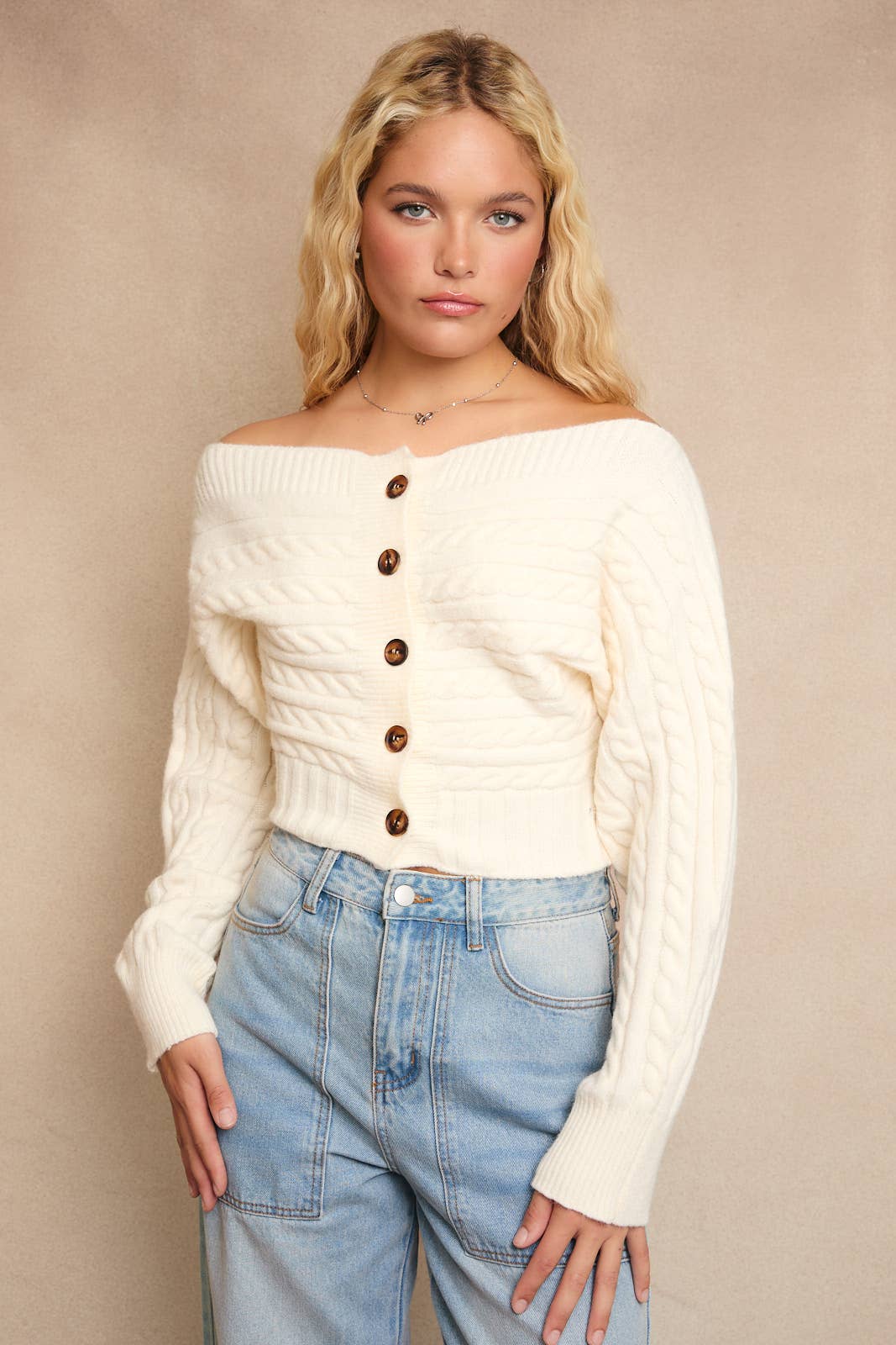 Off-Shoulder Button Down Sweater