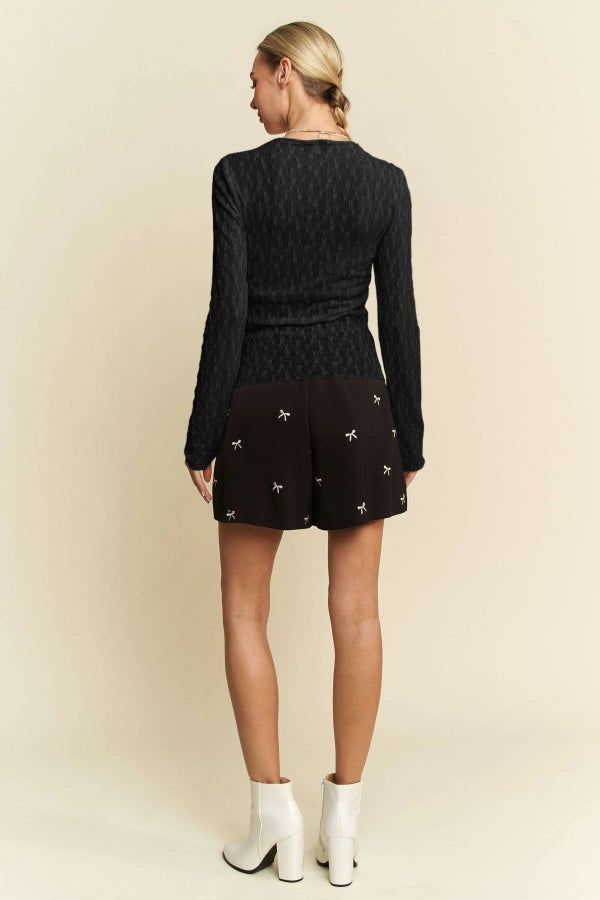 Sheer Bow-Embroidered Long Sleeve Top