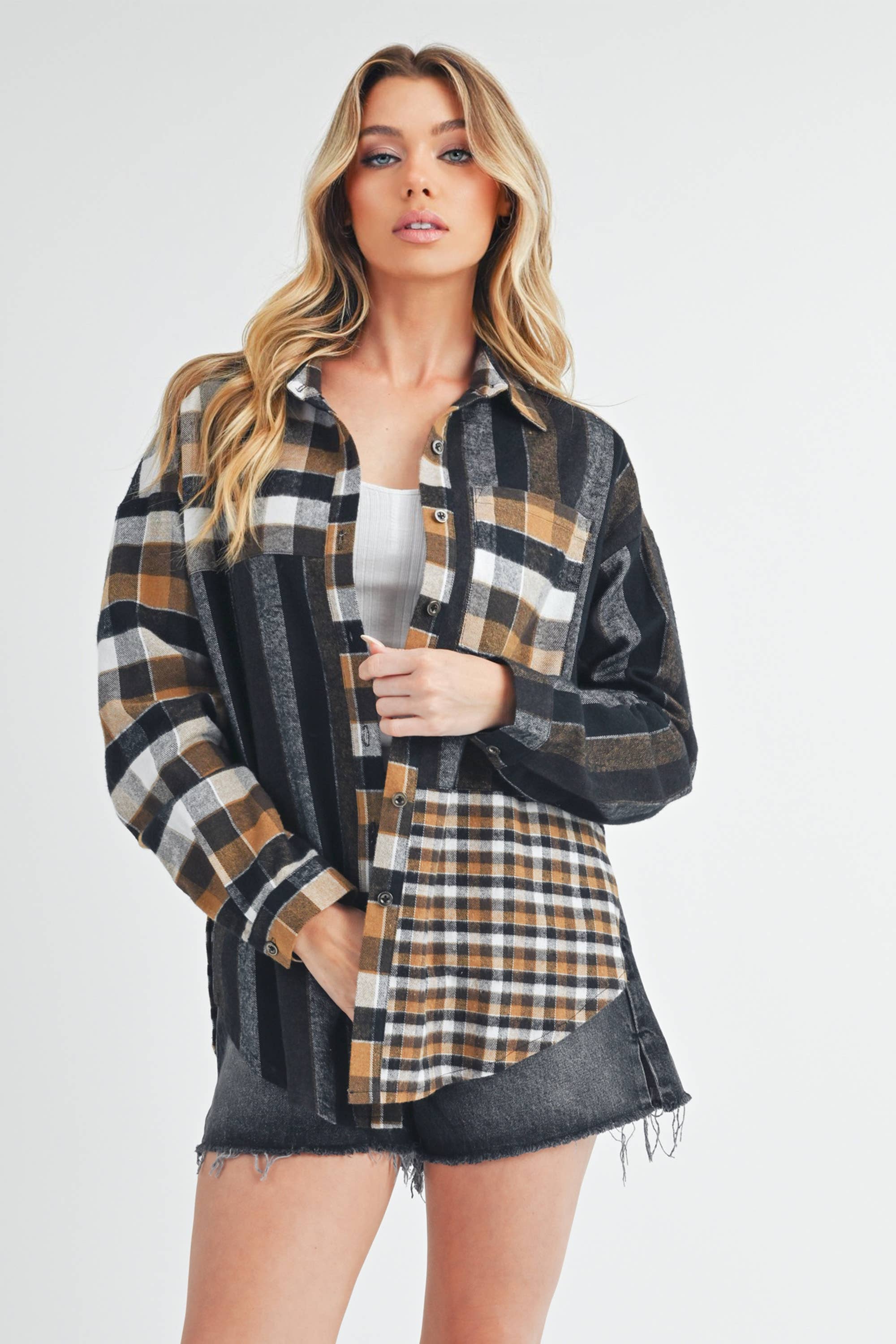 Multi-Plaid Checkered Flannel Shirt