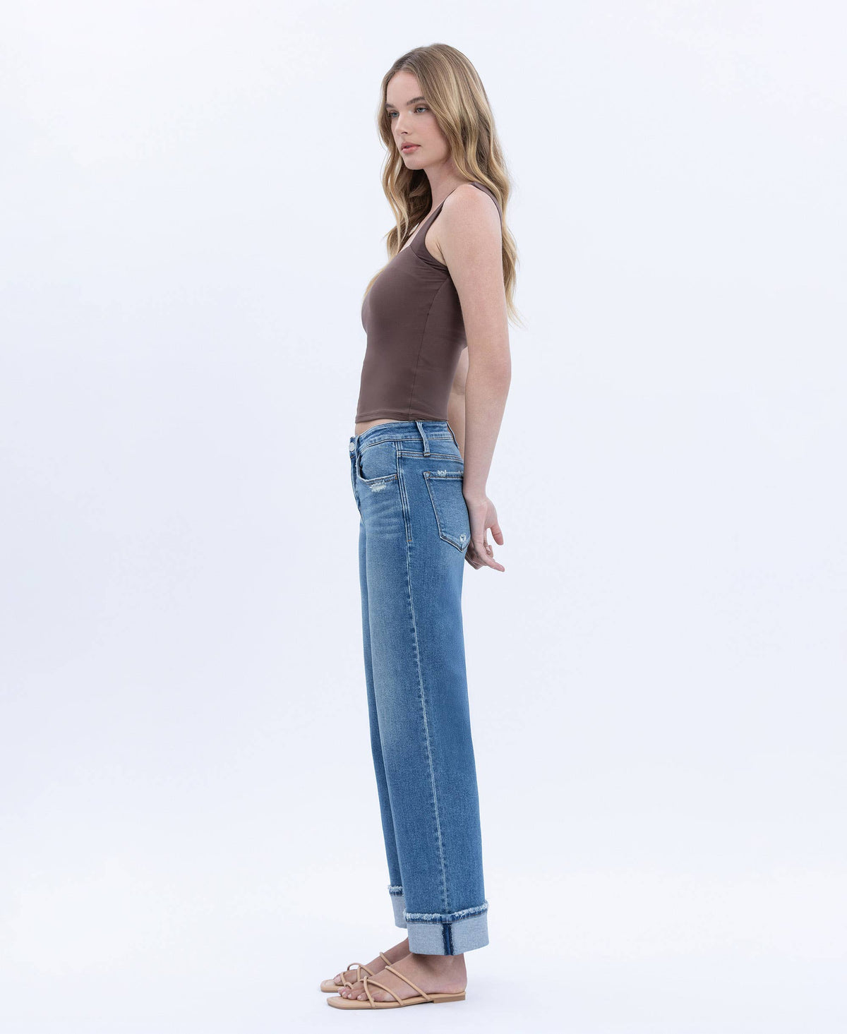 Mid Rise Cuffed Slim Wide Leg Jeans
