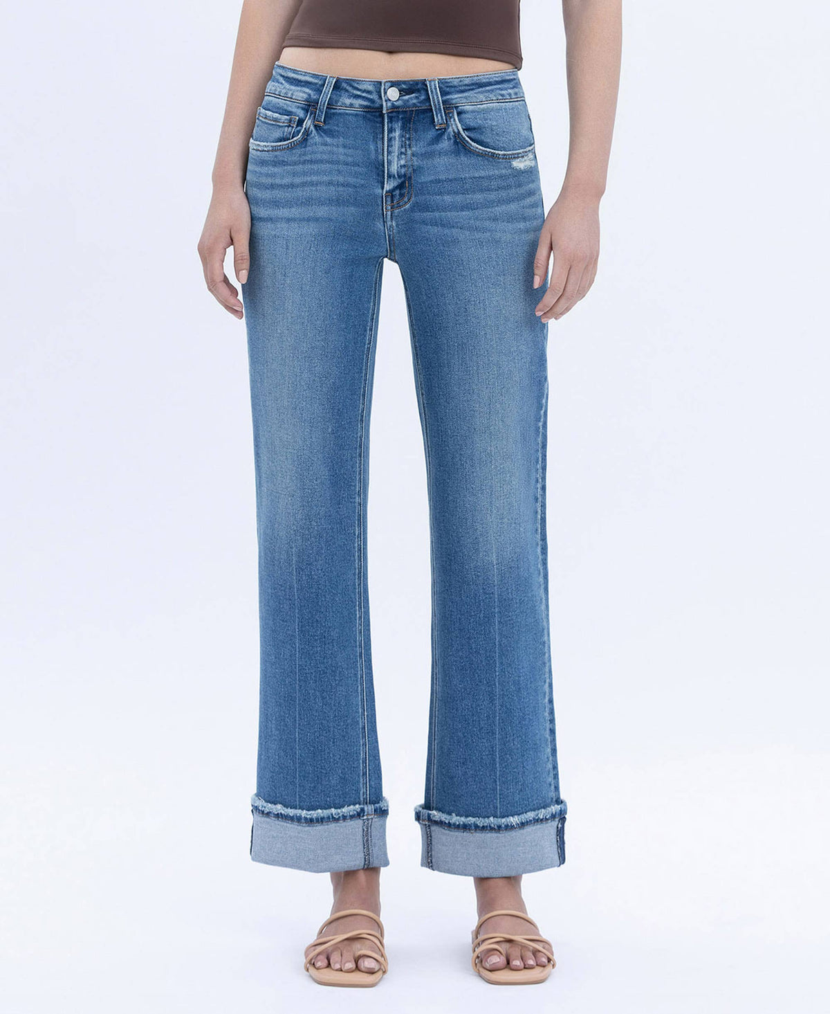 Mid Rise Cuffed Slim Wide Leg Jeans