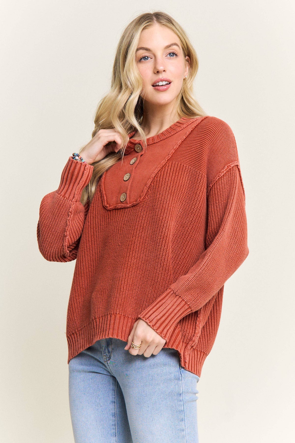 Raw Edge Button Henley Sweater