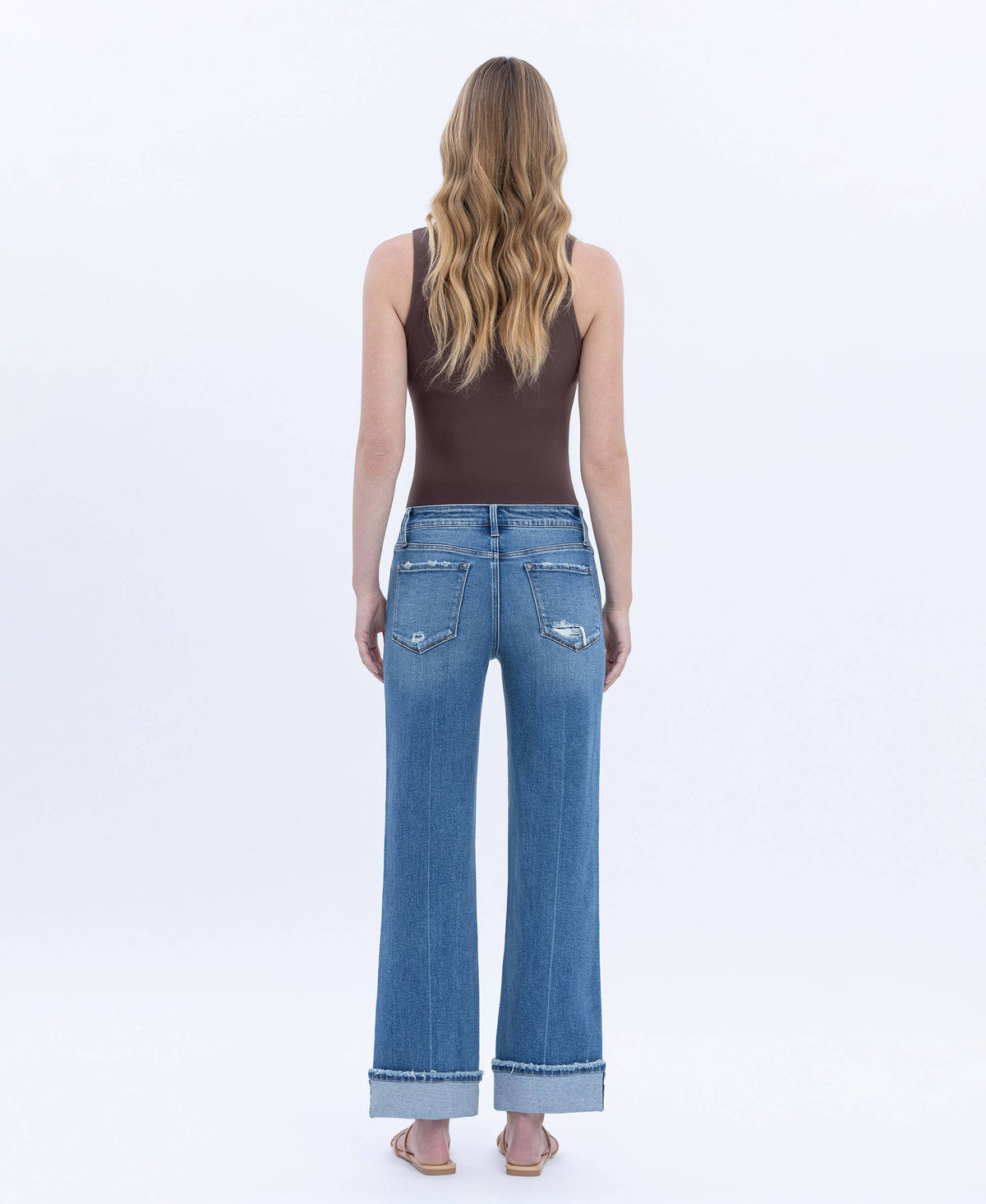 Mid Rise Cuffed Slim Wide Leg Jeans