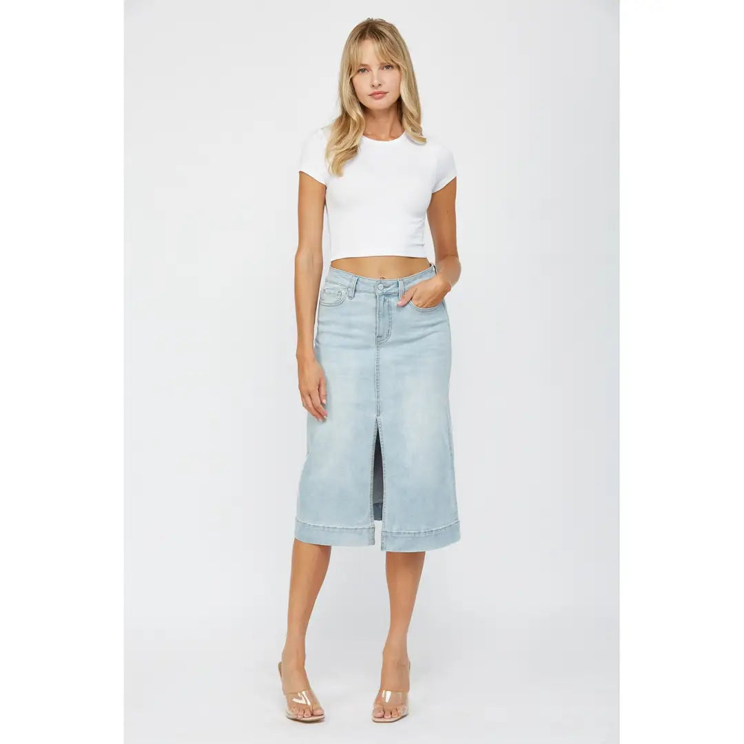 Light Wash Denim Midi Skirt