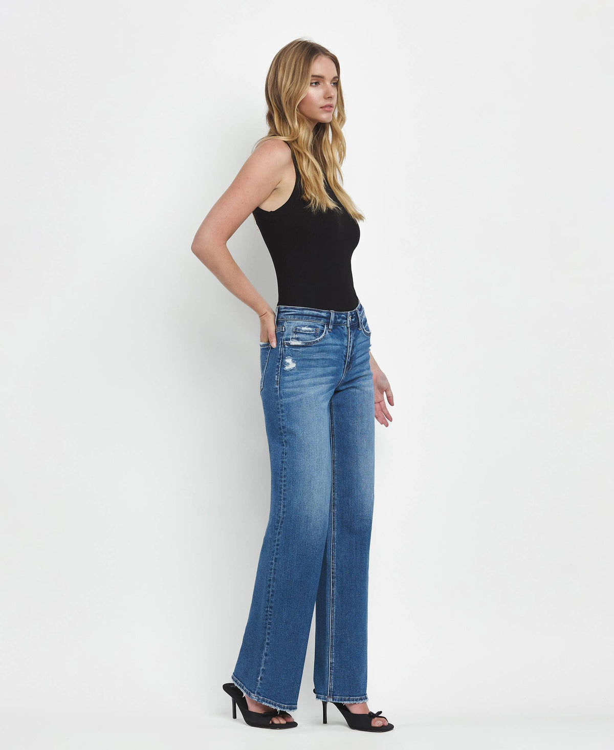 Mid Rise Full Length Wide Leg Stretch Jeans