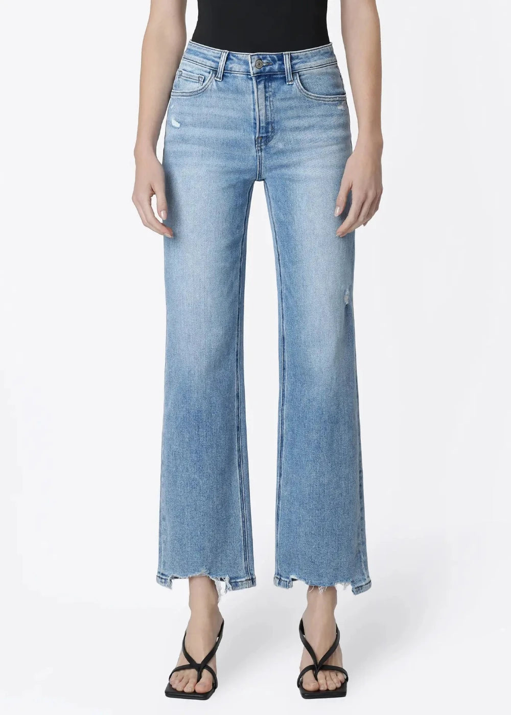 High Rise Distressed Hem Slim Wide Leg Jeans
