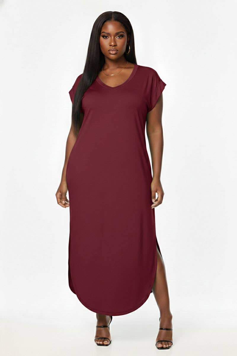 V-Neck Side Slit Maxi Dress- Plus Size