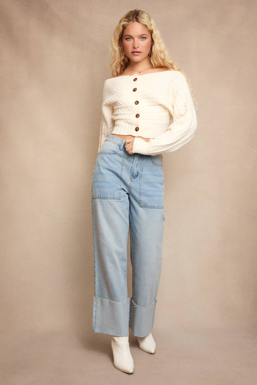 Off-Shoulder Button Down Sweater