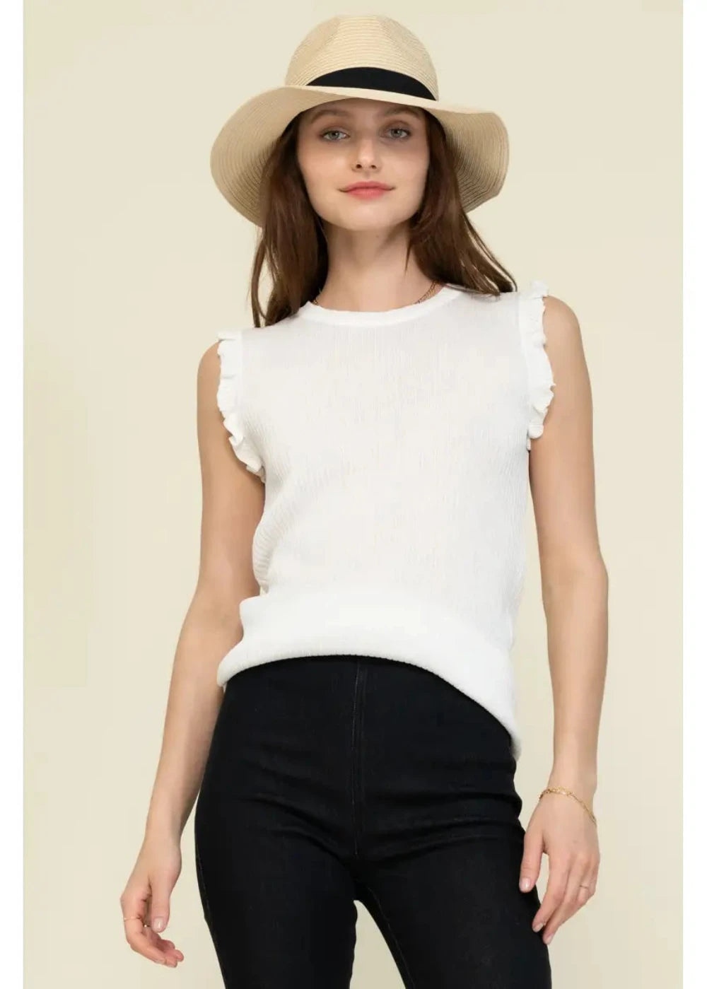 Ribbed Ruffle Sleeve Sweater Tank