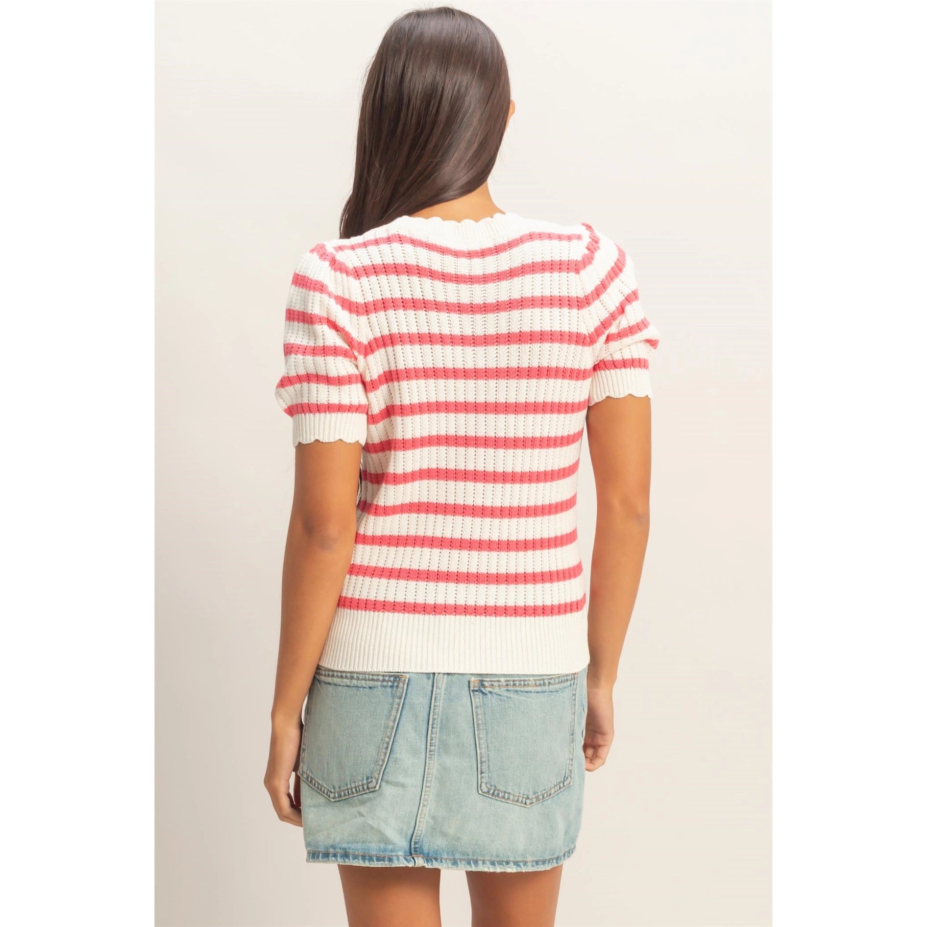 Striped Scallop Edge Puff Sleeve Knit Top