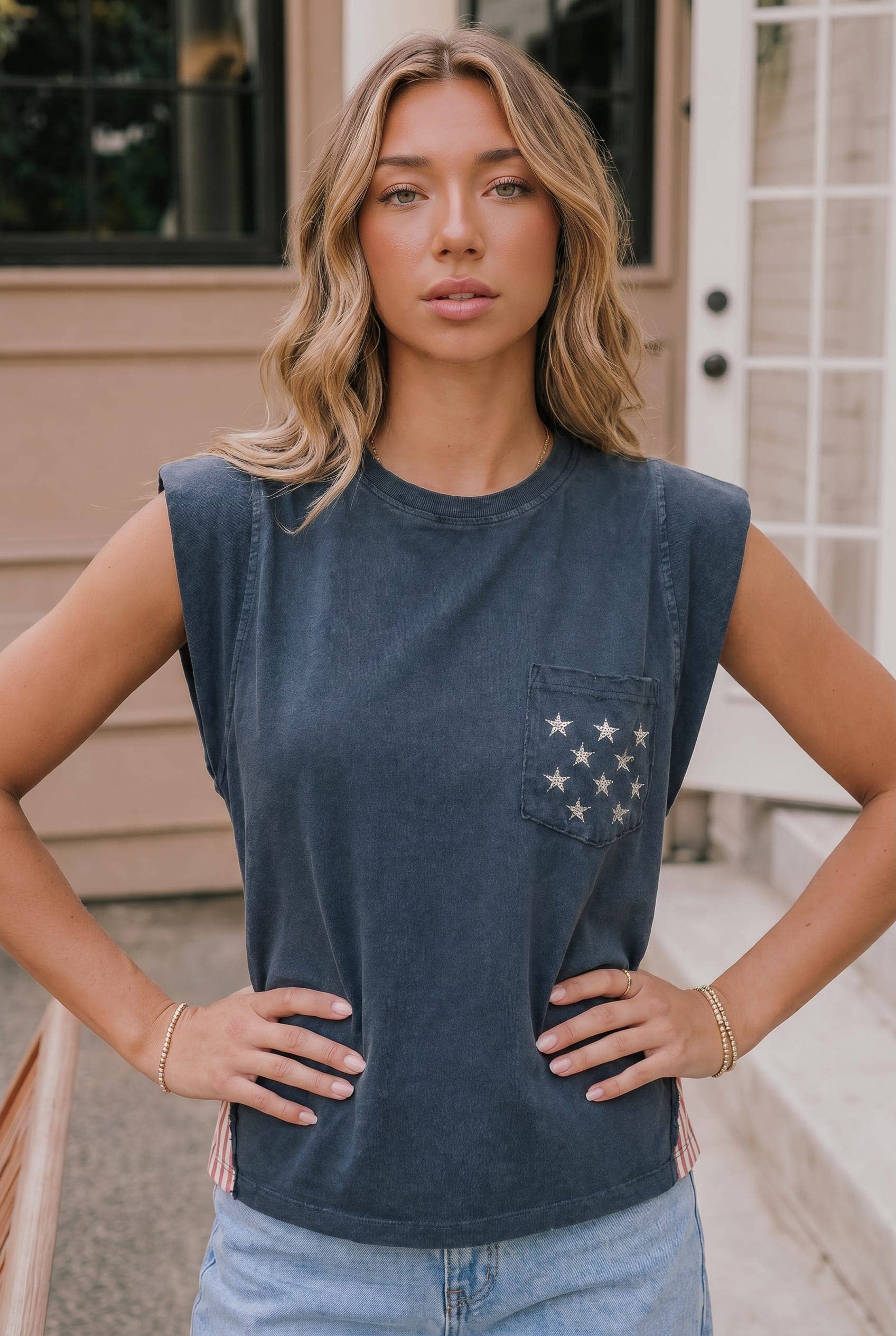 USA star pocket stripe side tank