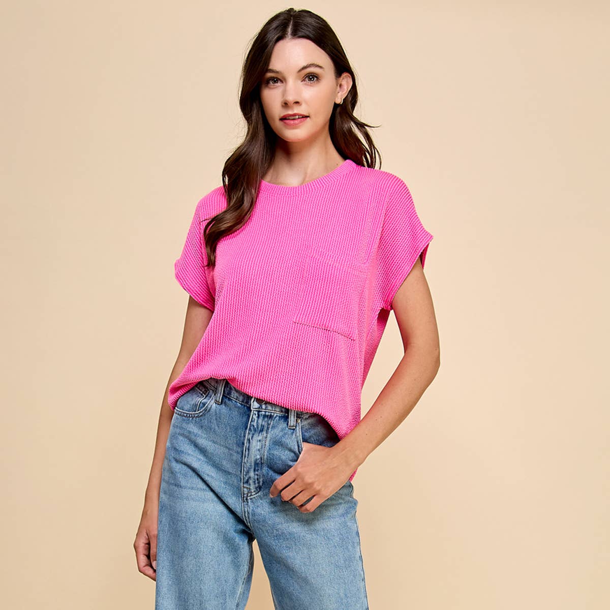 Ribbed Knit Top with Front Pocket