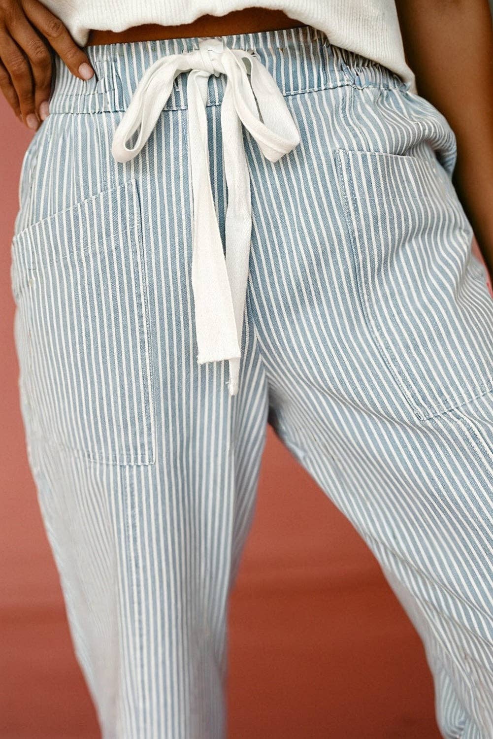 Casual Blue Stripe Mid Rise Tie Waist Pants