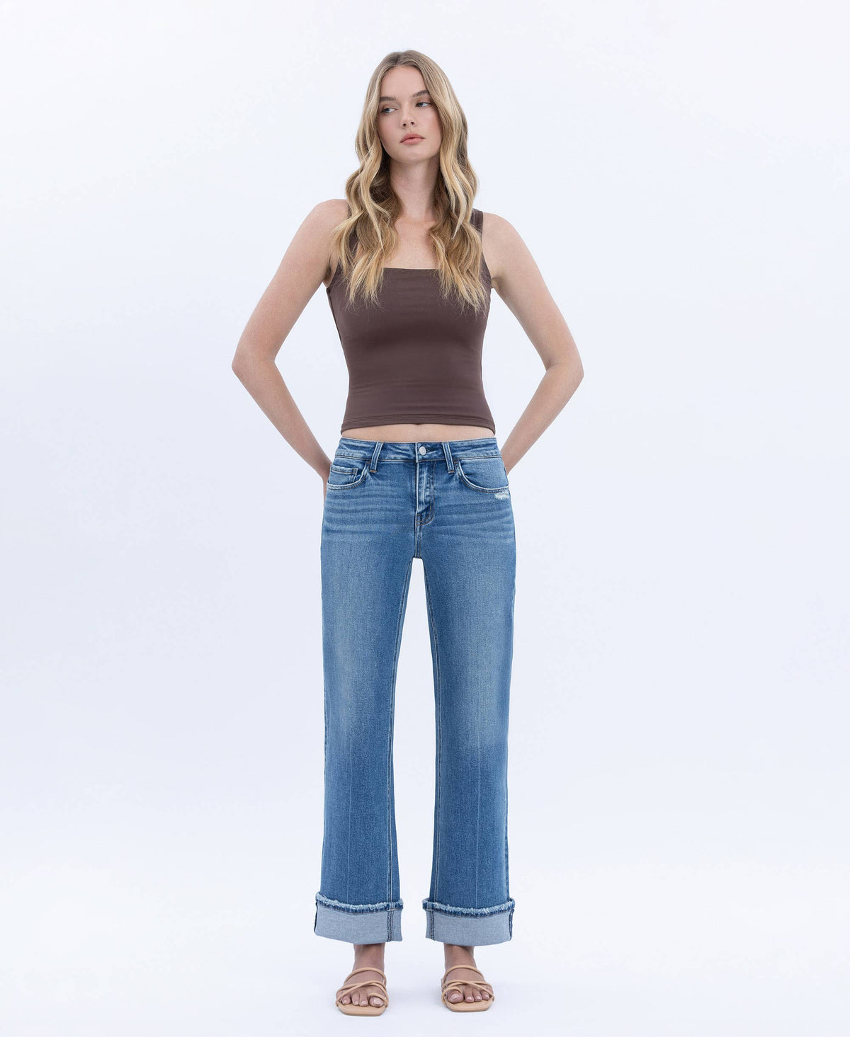 Mid Rise Cuffed Slim Wide Leg Jeans