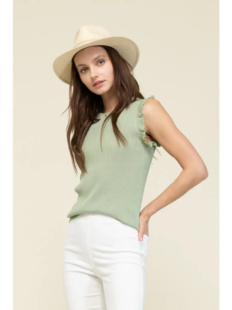 Ribbed Ruffle Sleeve Sweater Tank