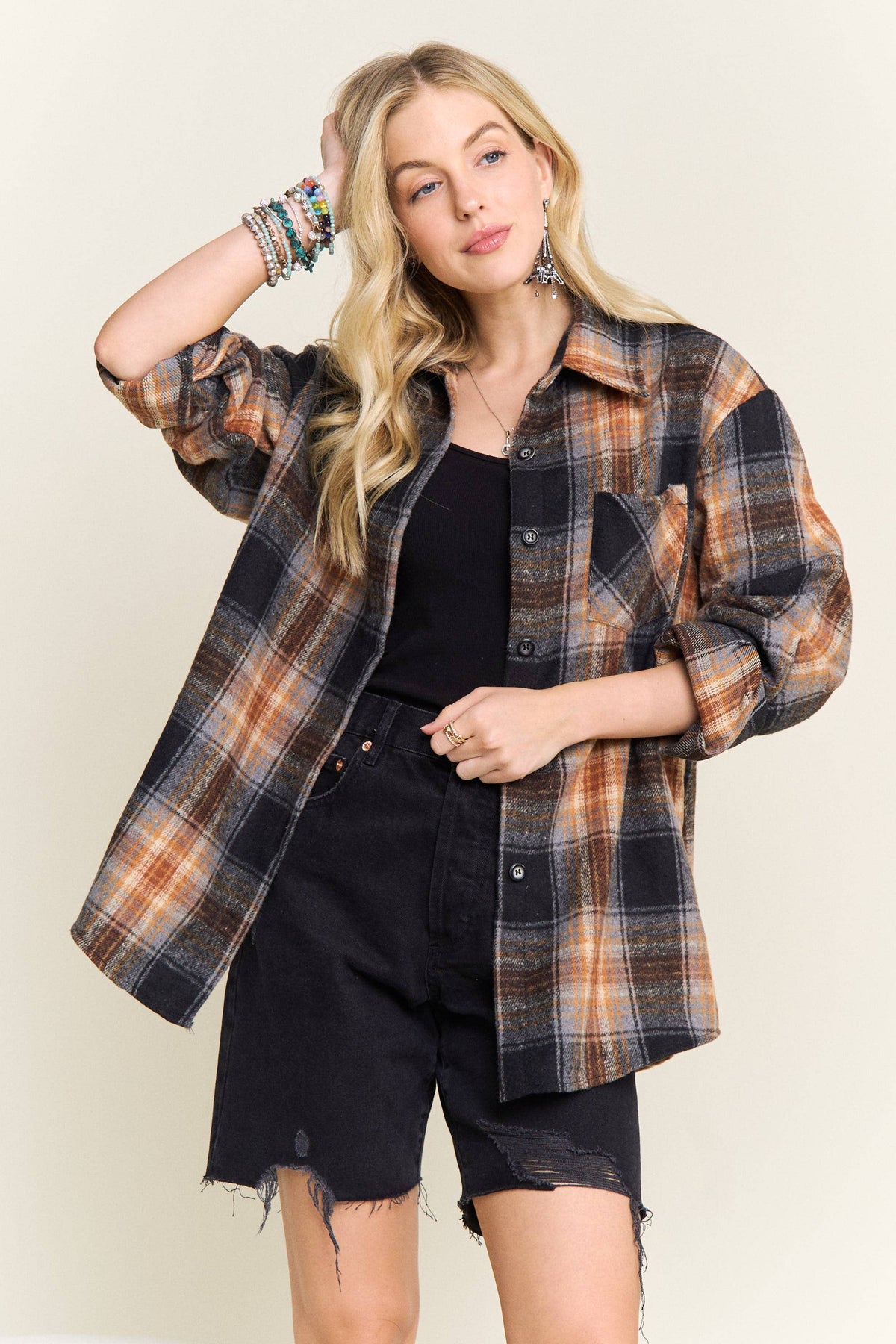 Plaid Button Front Lightweight Shacket