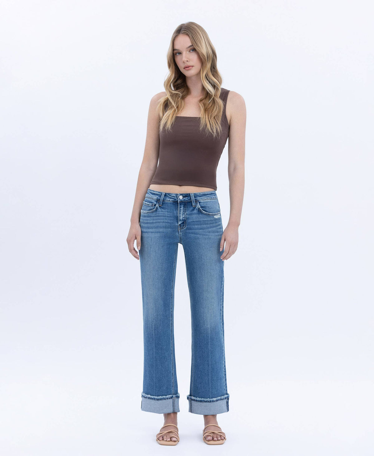 Mid Rise Cuffed Slim Wide Leg Jeans