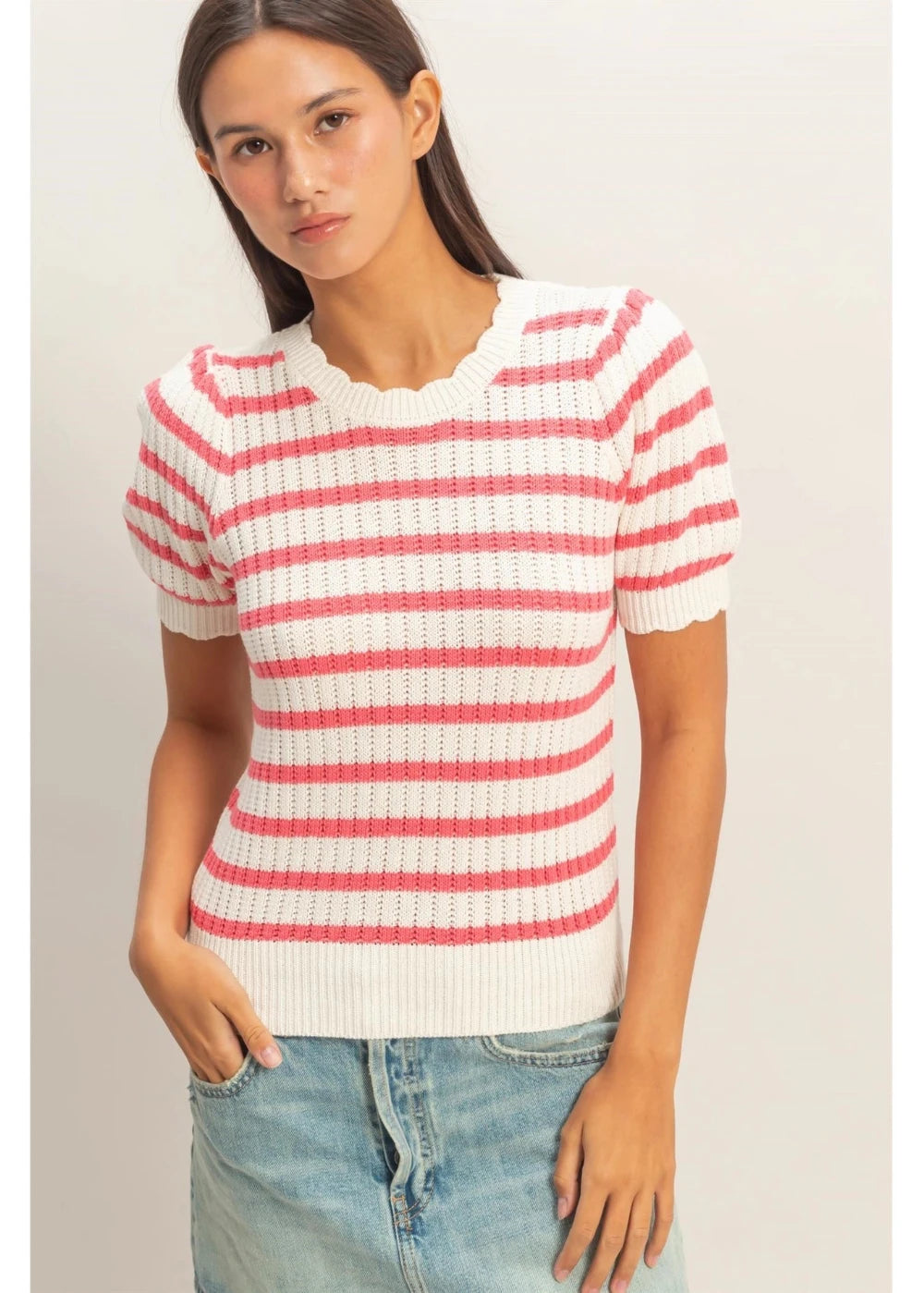Striped Scallop Edge Puff Sleeve Knit Top